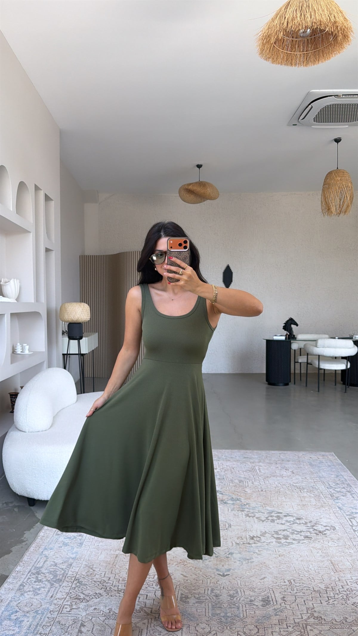 Haki Askılı Kaşkorse Elbise