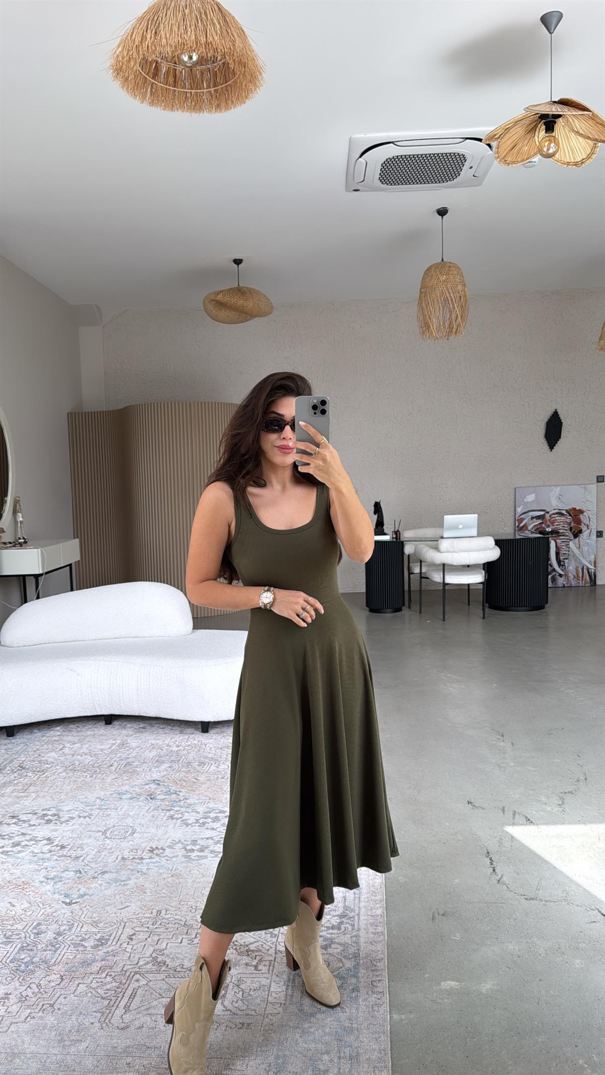 Haki Askılı Kaşkorse Elbise