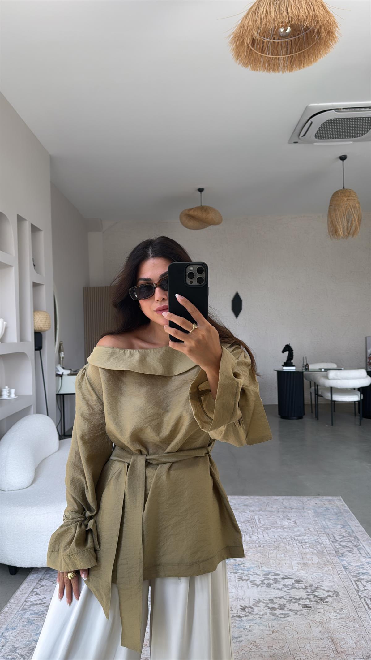 Haki Bağlama Detay Premium Bluz