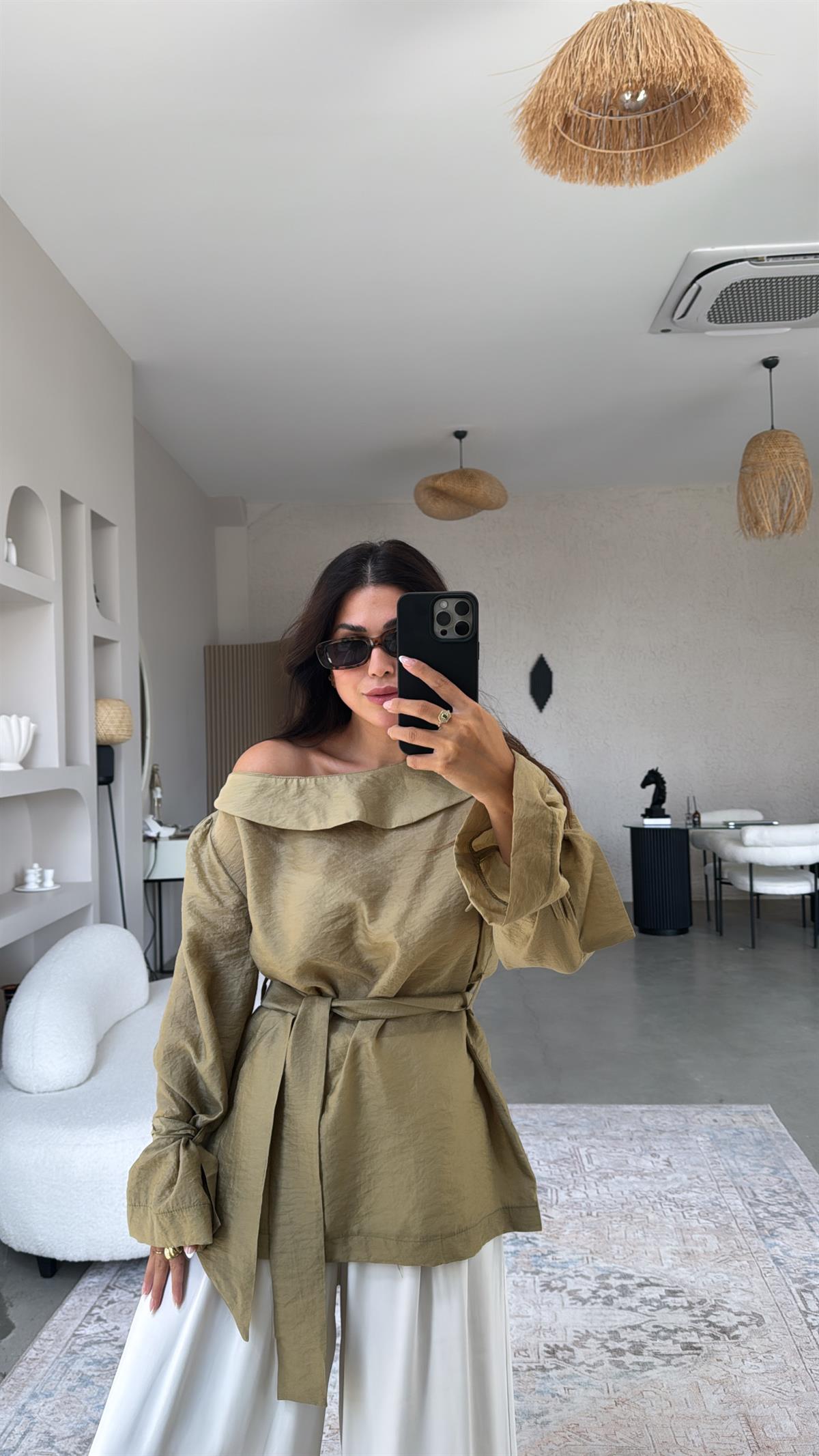 Haki Bağlama Detay Premium Bluz