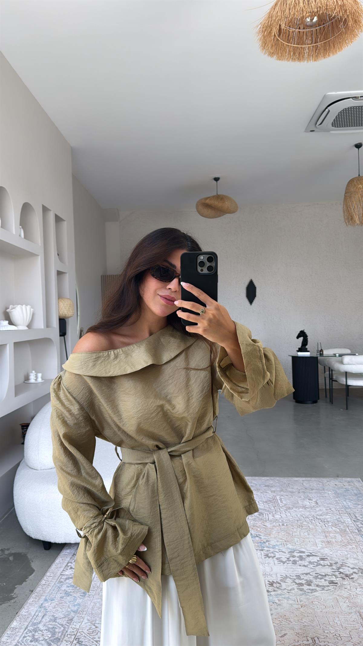 Haki Bağlama Detay Premium Bluz