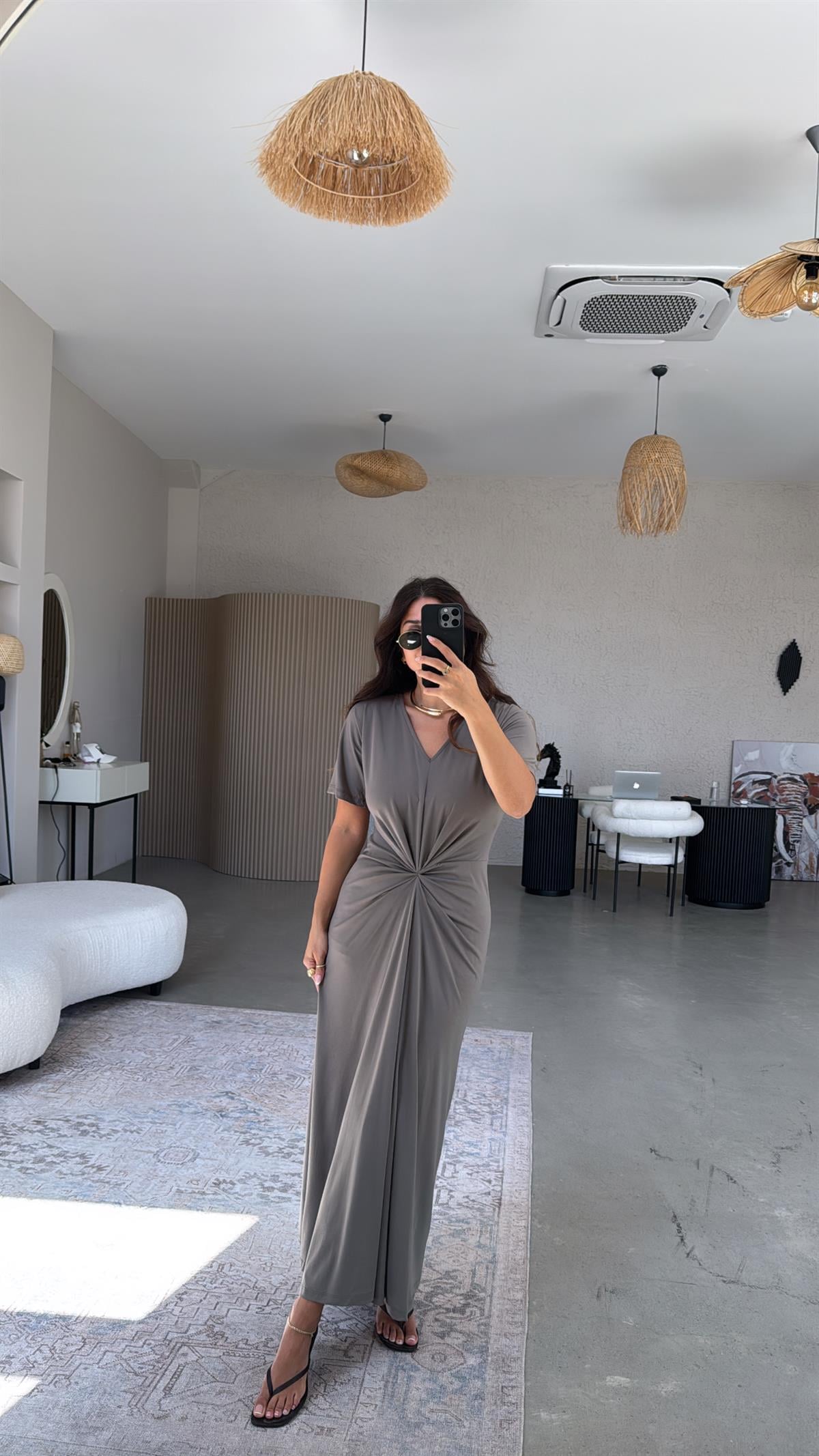 Haki Beli Düğüm Detaylı V Yaka Zarif Elbise