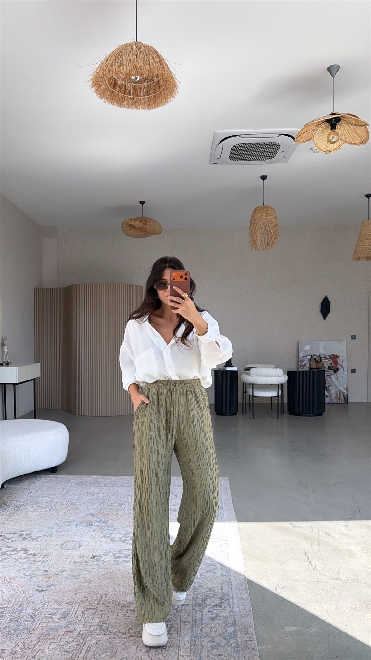 Haki Bürümcük Kumaş Lastikli Pantolon