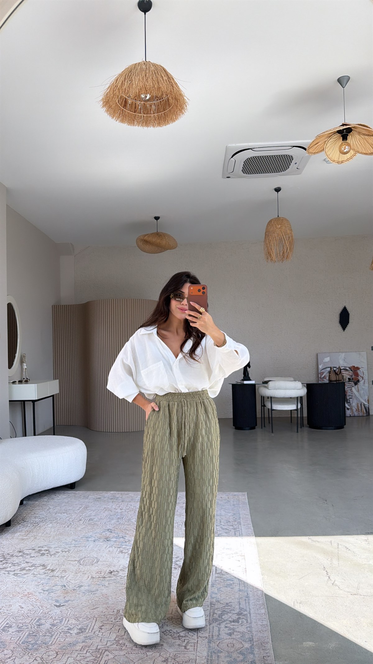 Haki Bürümcük Kumaş Lastikli Pantolon