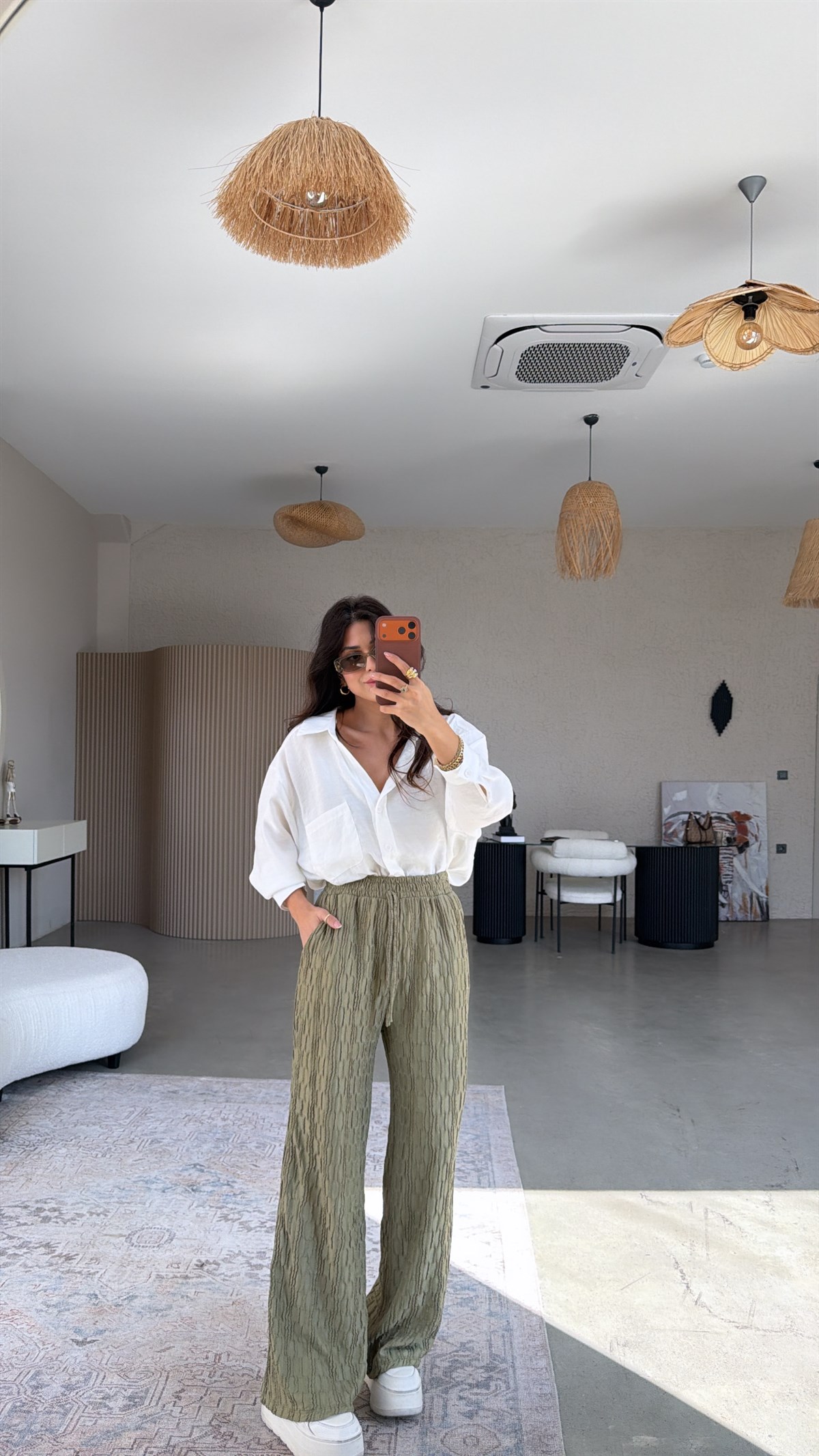 Haki Bürümcük Kumaş Lastikli Pantolon