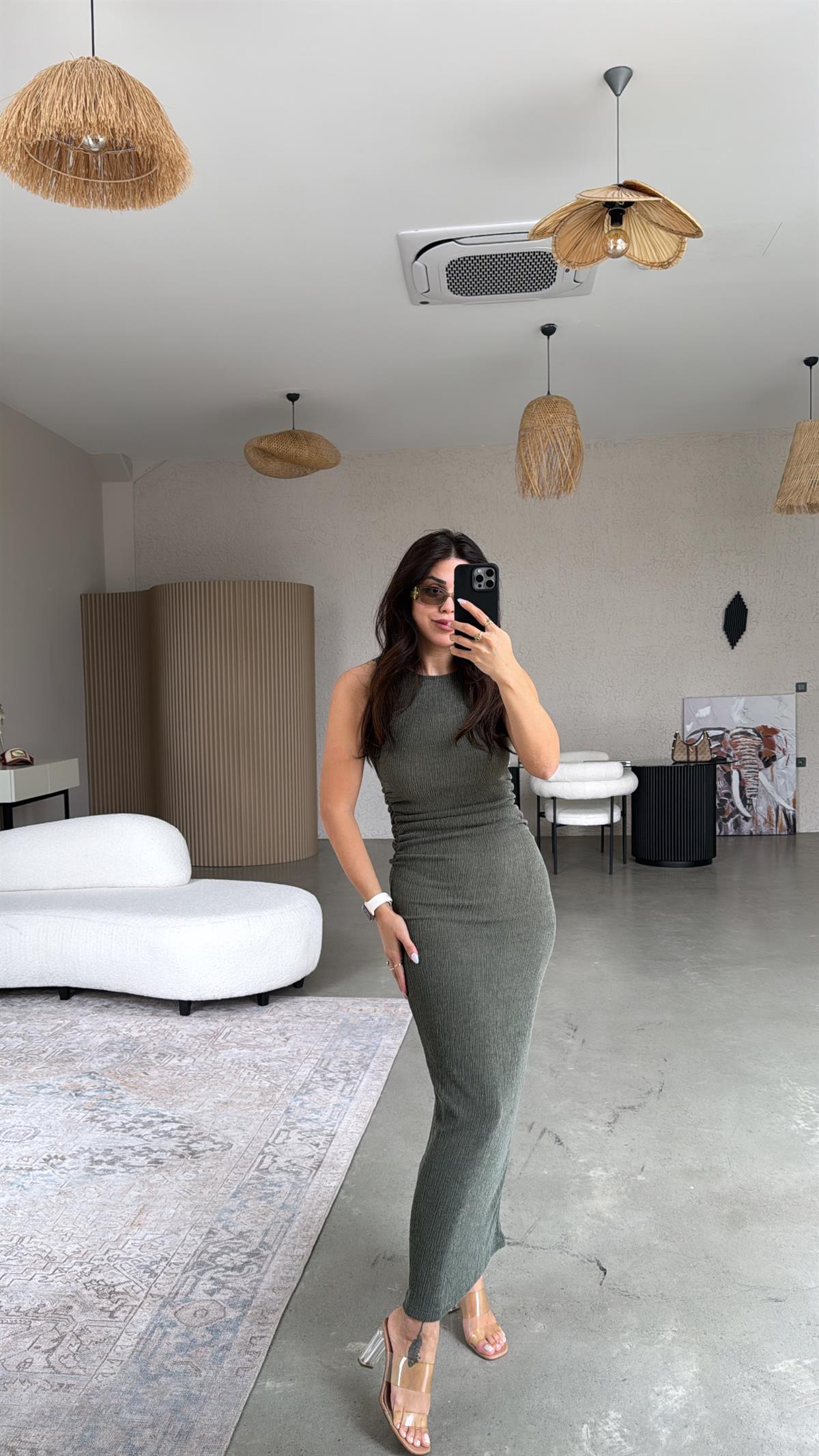 Haki Bürümcük ZR Model Büzgü Detay Elbise