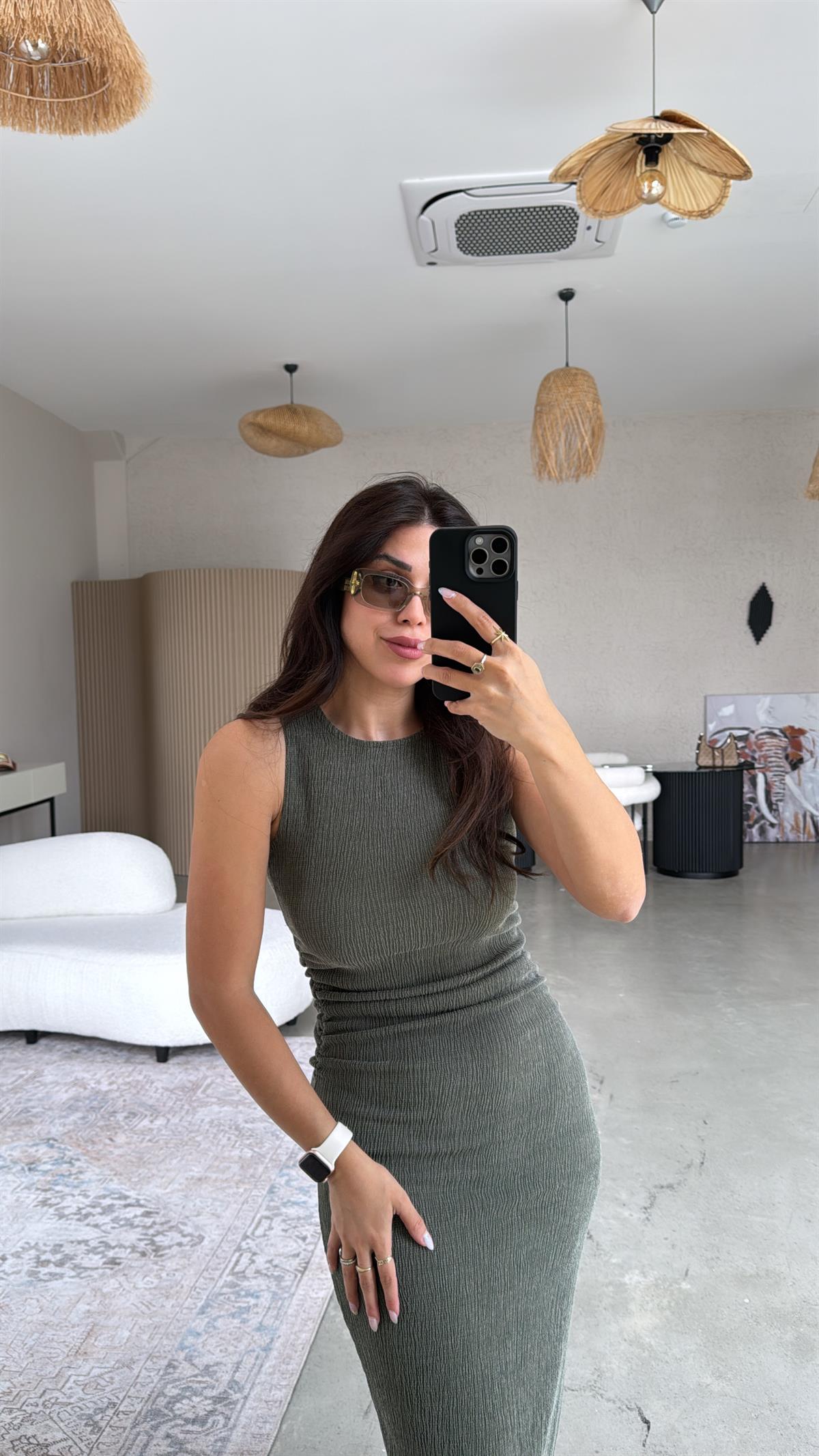 Haki Bürümcük ZR Model Büzgü Detay Elbise