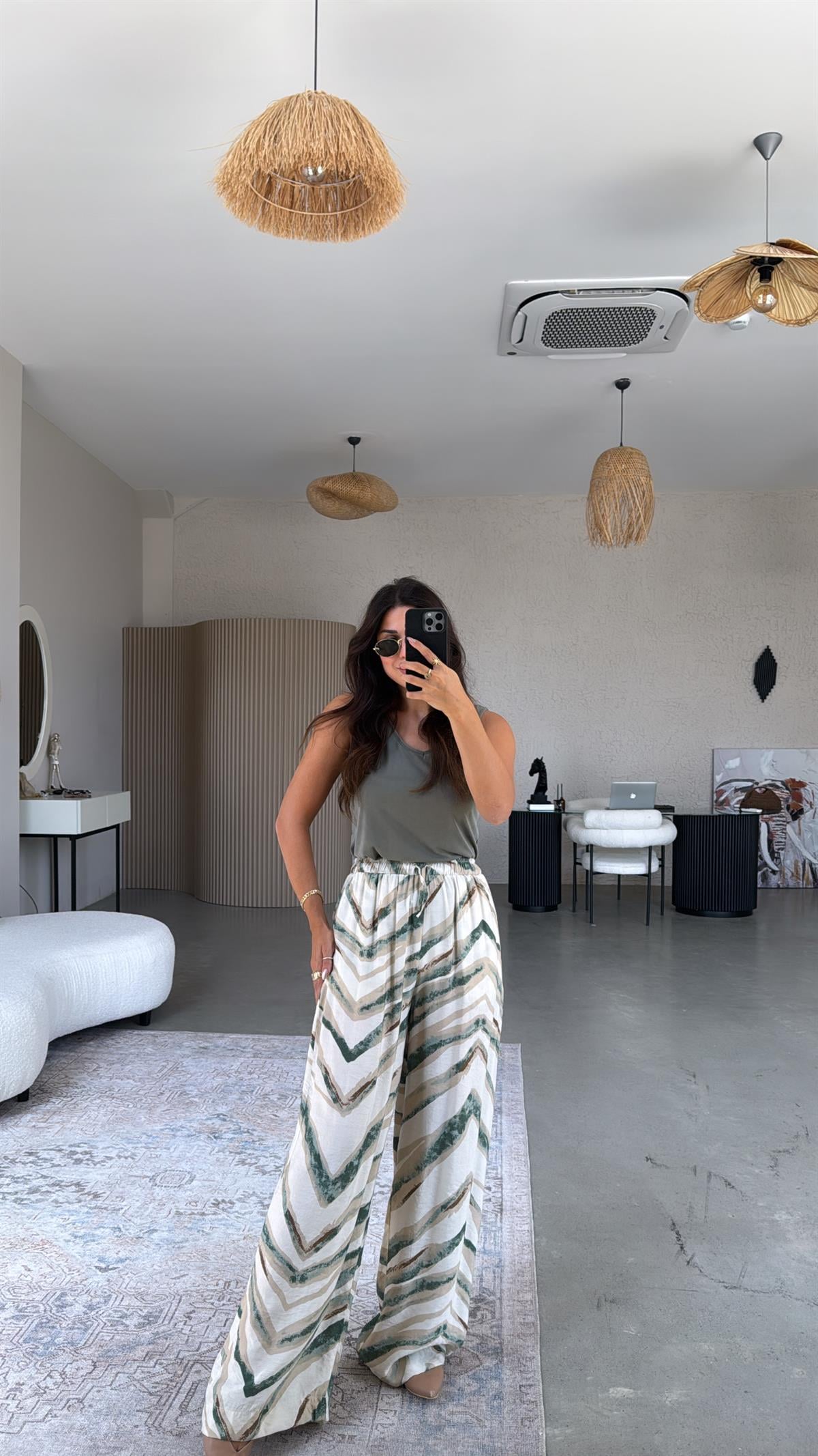 Haki Desenli Bol Paça Pantolon