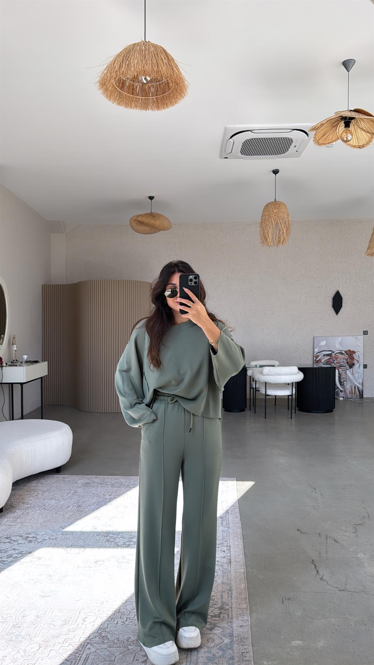 Haki Dikiş Detay Modal Takım