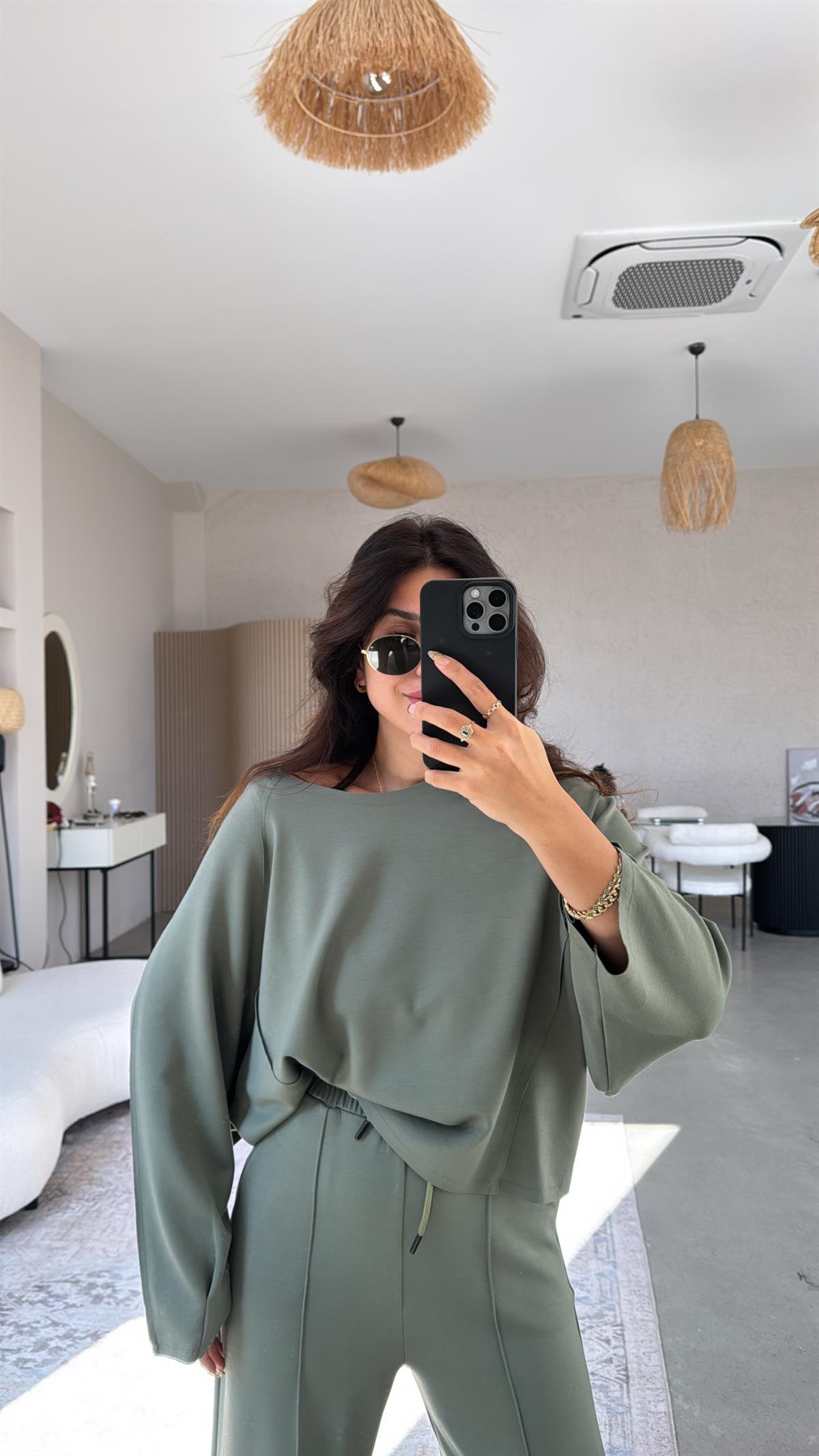 Haki Dikiş Detay Modal Takım