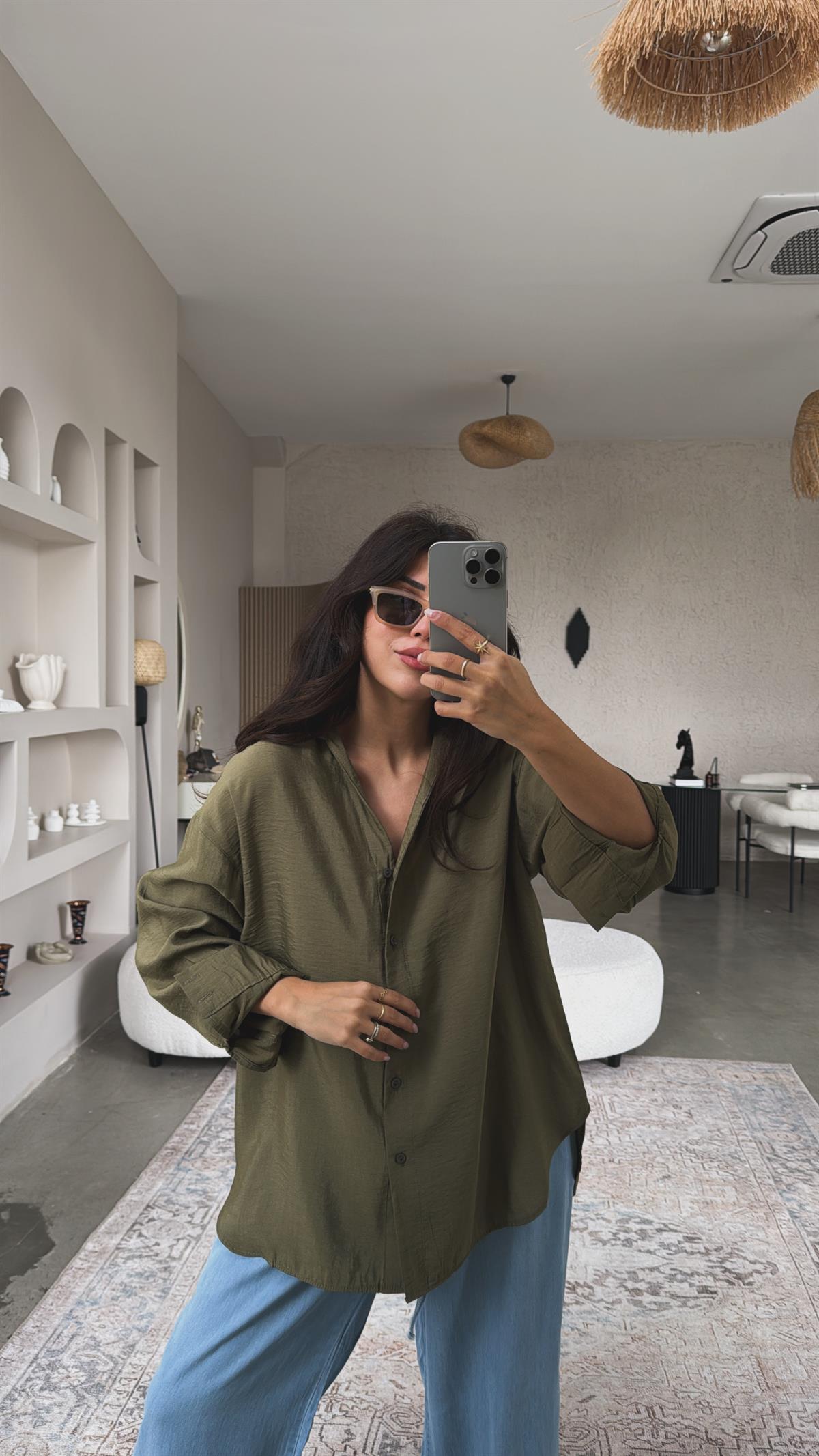 Haki Dokuma Modal Gömlek