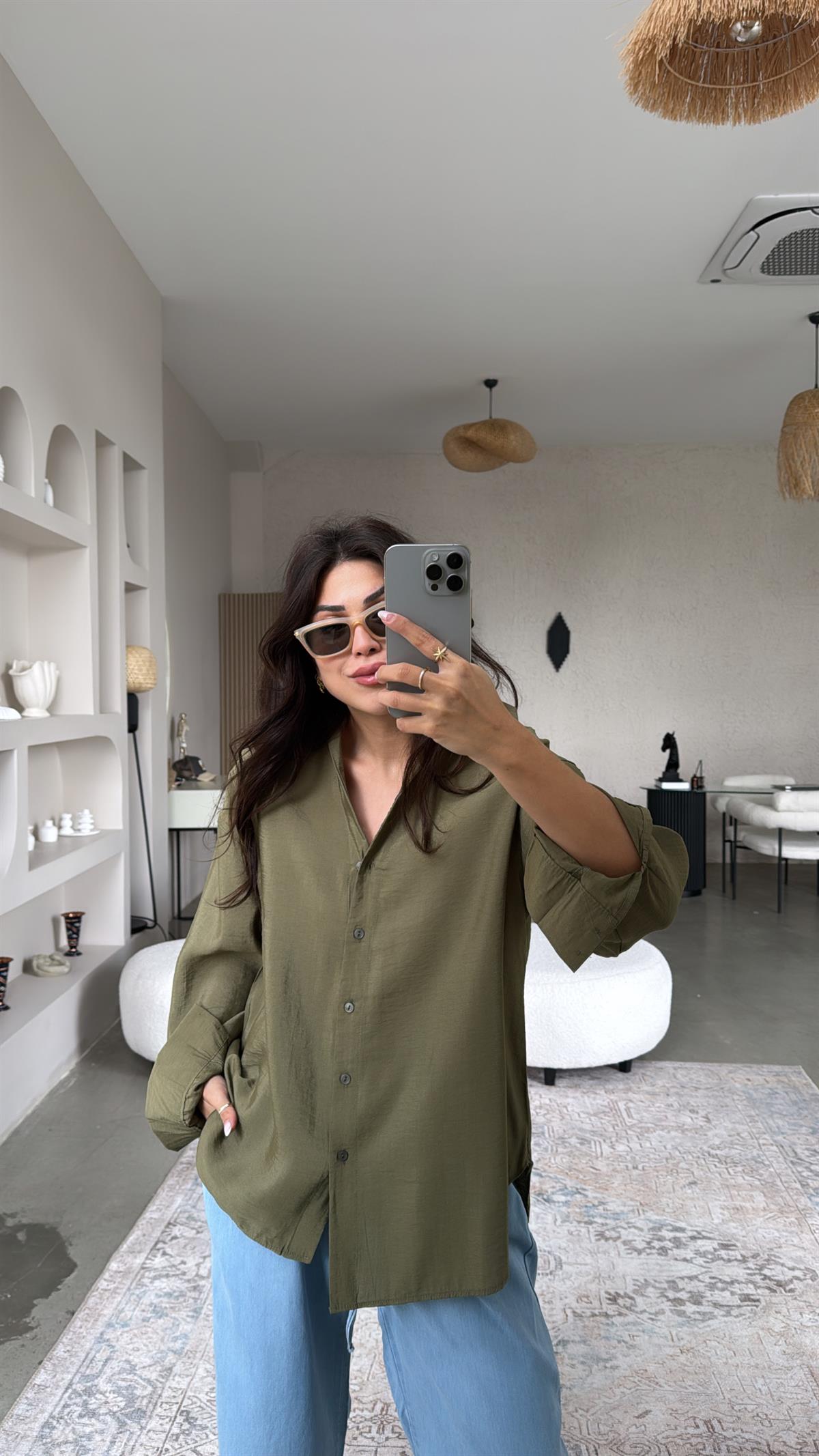 Haki Dokuma Modal Gömlek