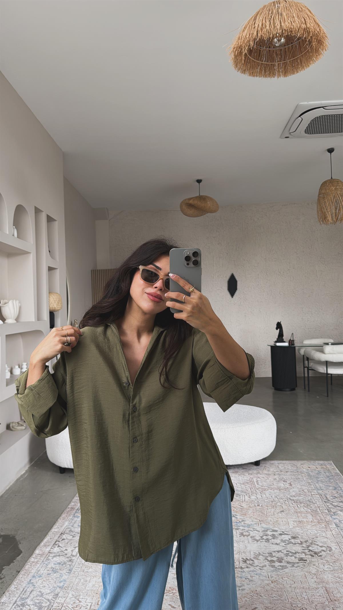 Haki Dokuma Modal Gömlek