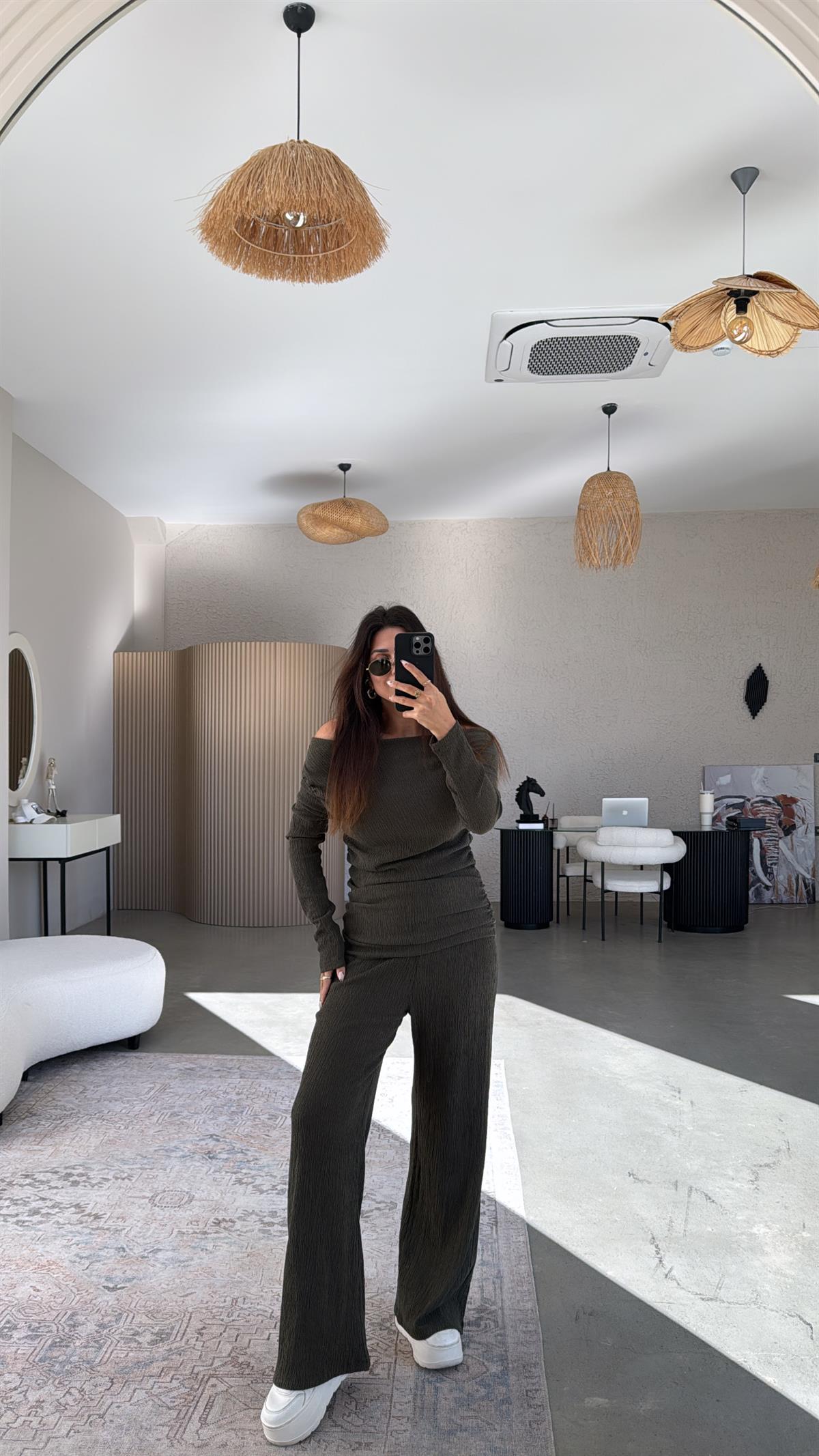 Haki Drape Detay Kayık Yaka Bürümcük Takım