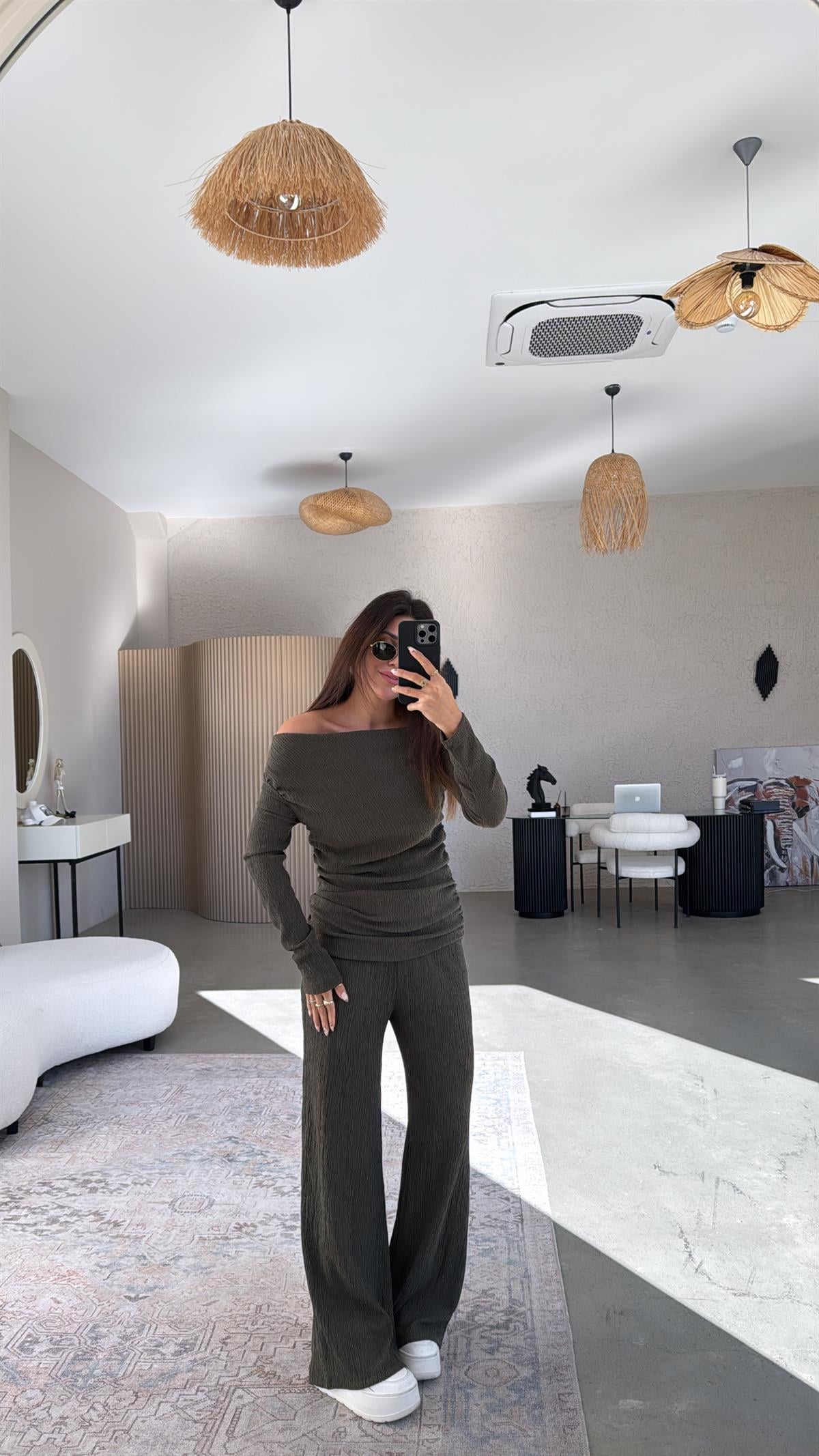 Haki Drape Detay Kayık Yaka Bürümcük Takım