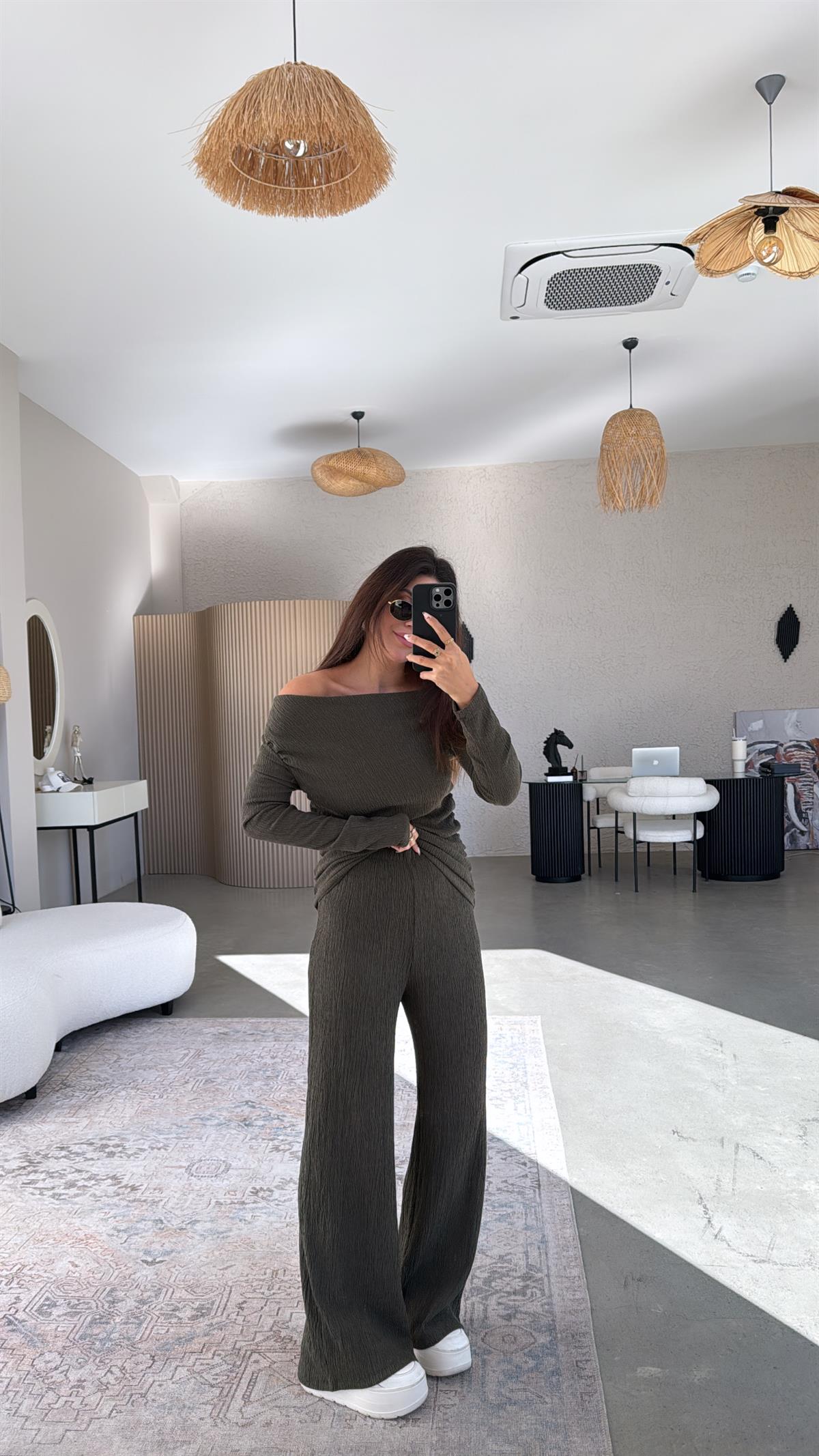 Haki Drape Detay Kayık Yaka Bürümcük Takım