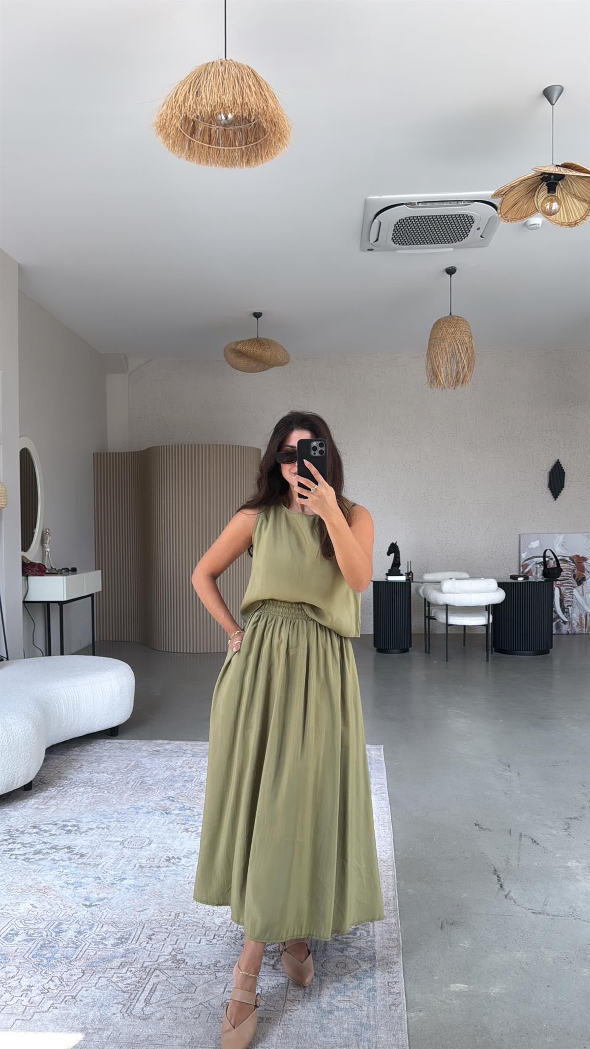 Haki Etek Bluz Dökümlü Takım