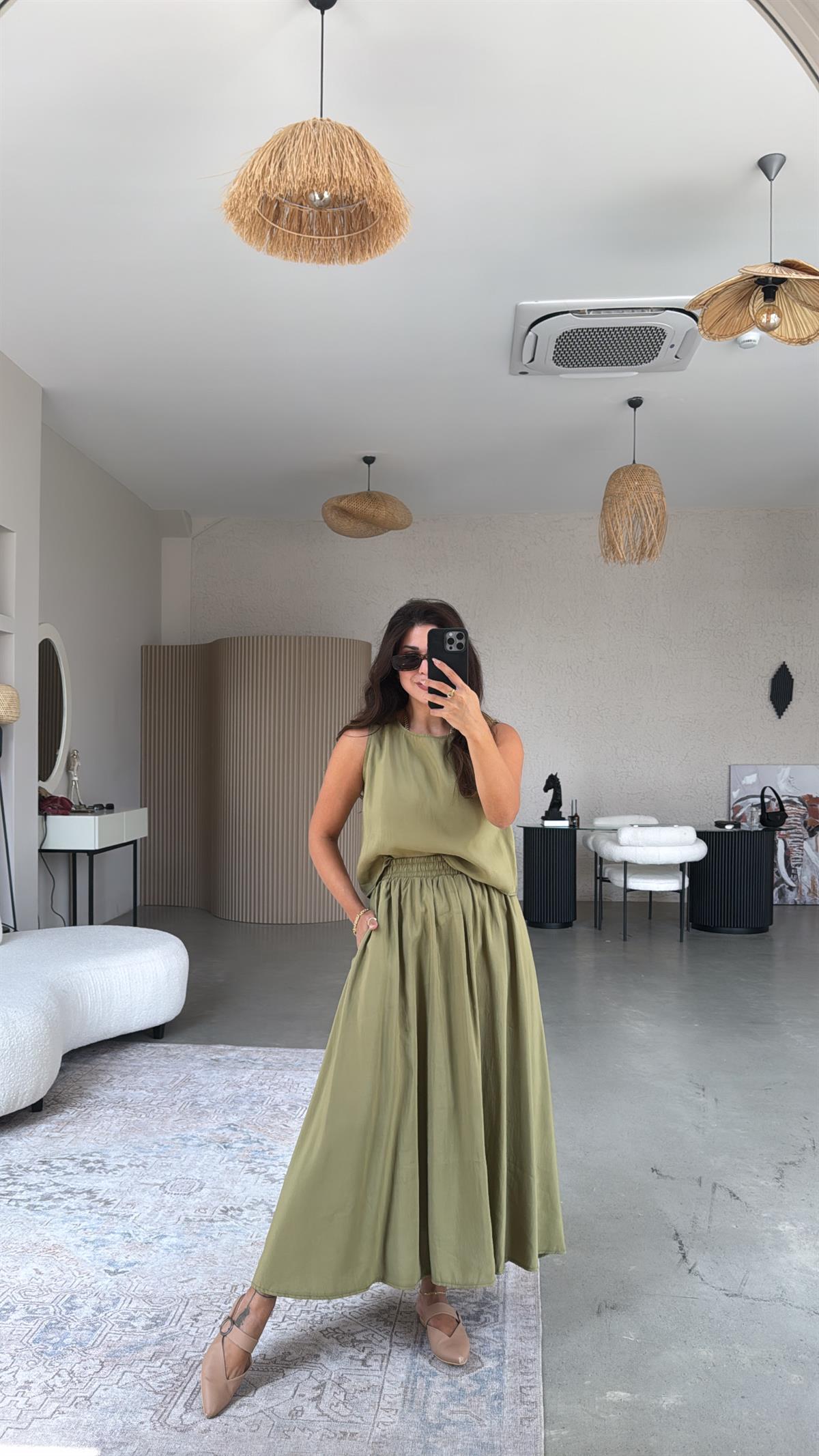 Haki Etek Bluz Dökümlü Takım