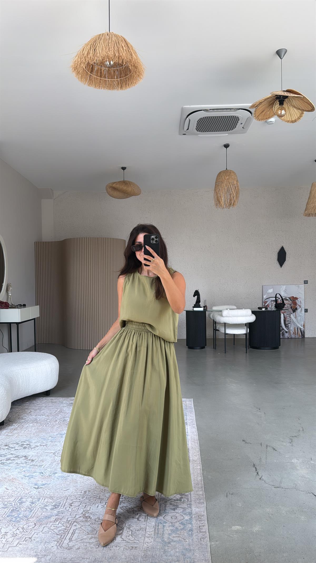 Haki Etek Bluz Dökümlü Takım