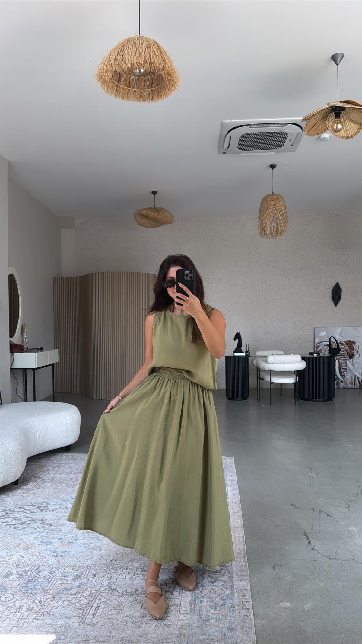 Haki Etek Bluz Dökümlü Takım