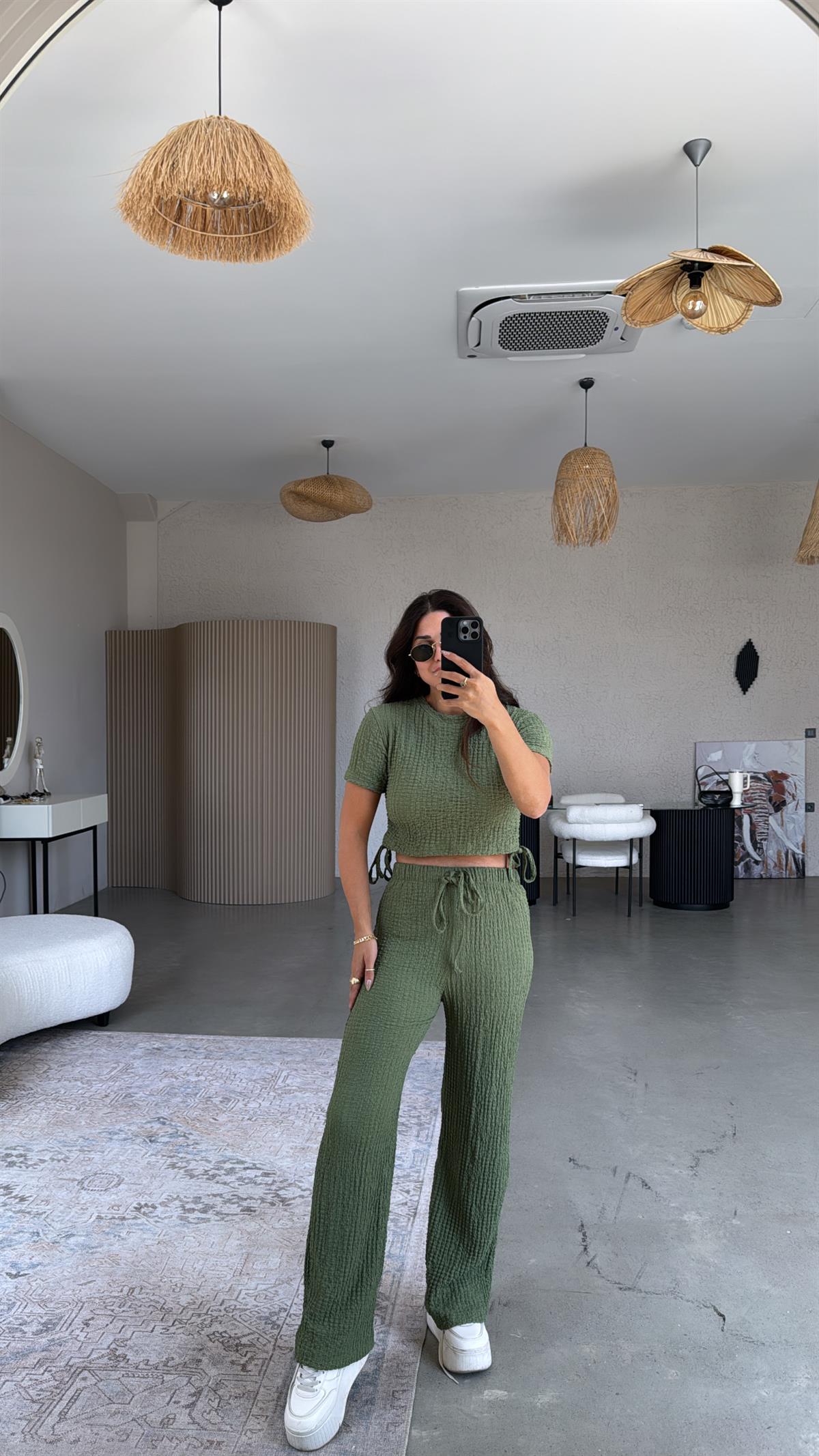 Haki Gofre Büzgülü Croplu Takım