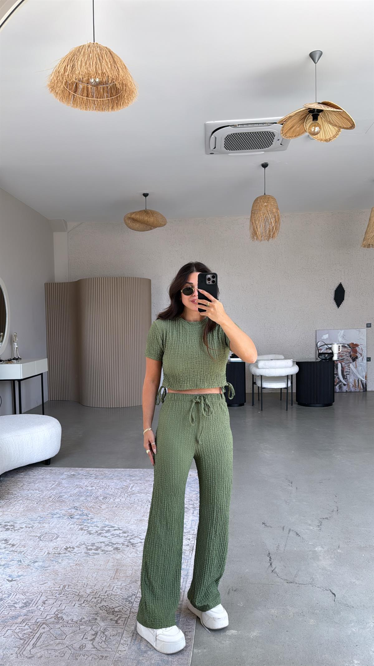 Haki Gofre Büzgülü Croplu Takım