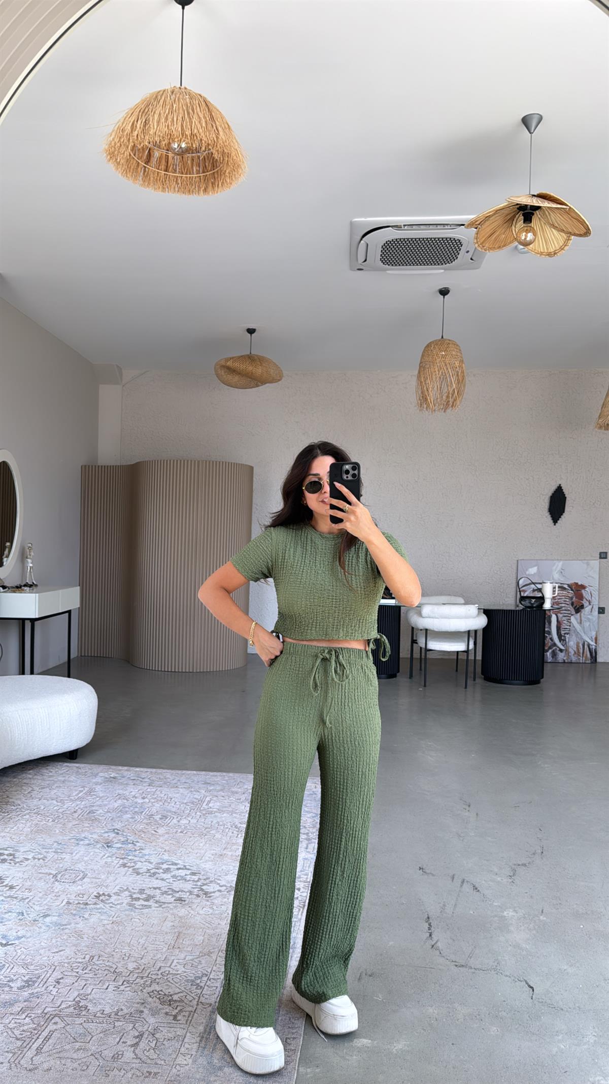 Haki Gofre Büzgülü Croplu Takım