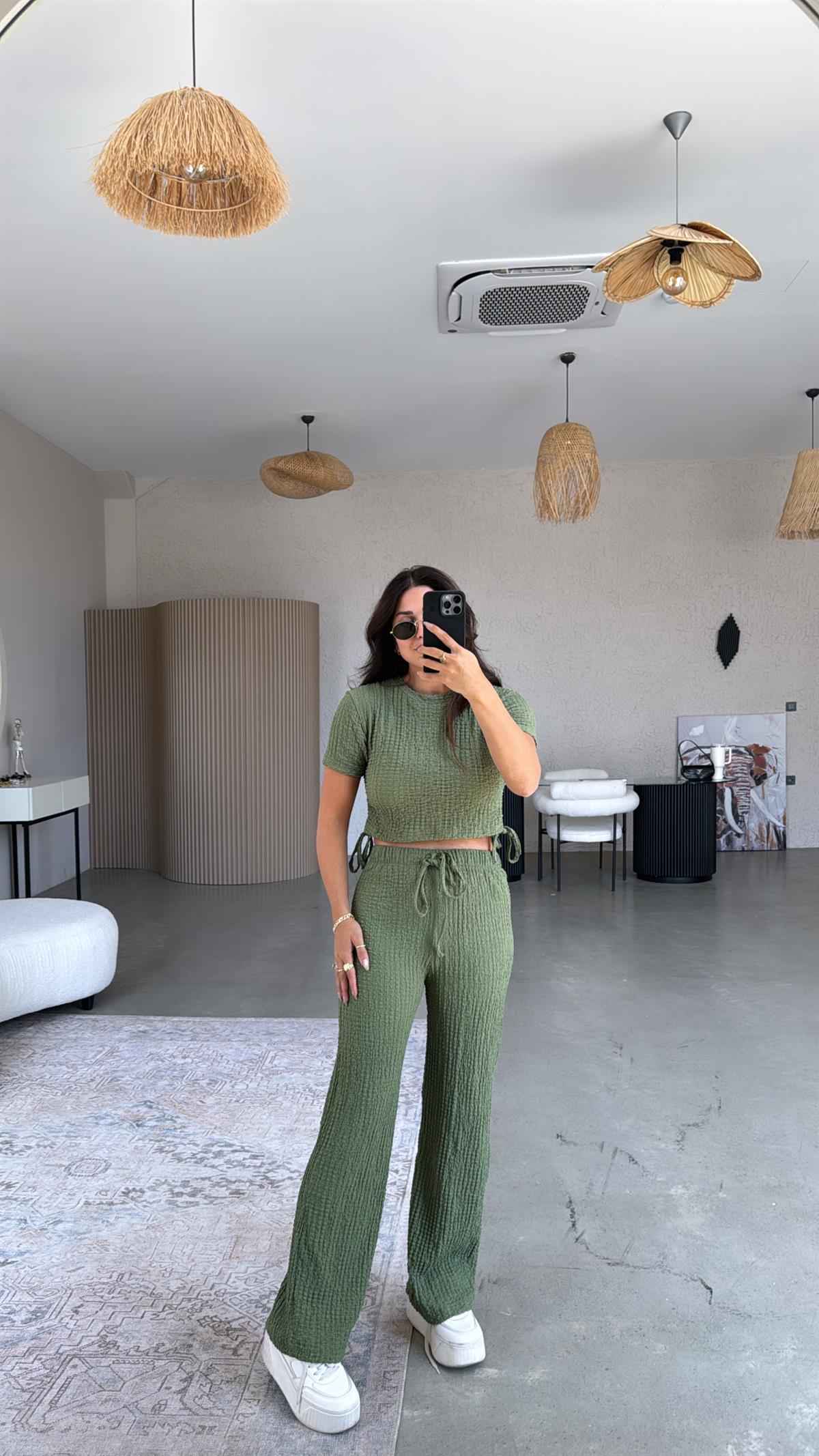 Haki Gofre Büzgülü Croplu Takım