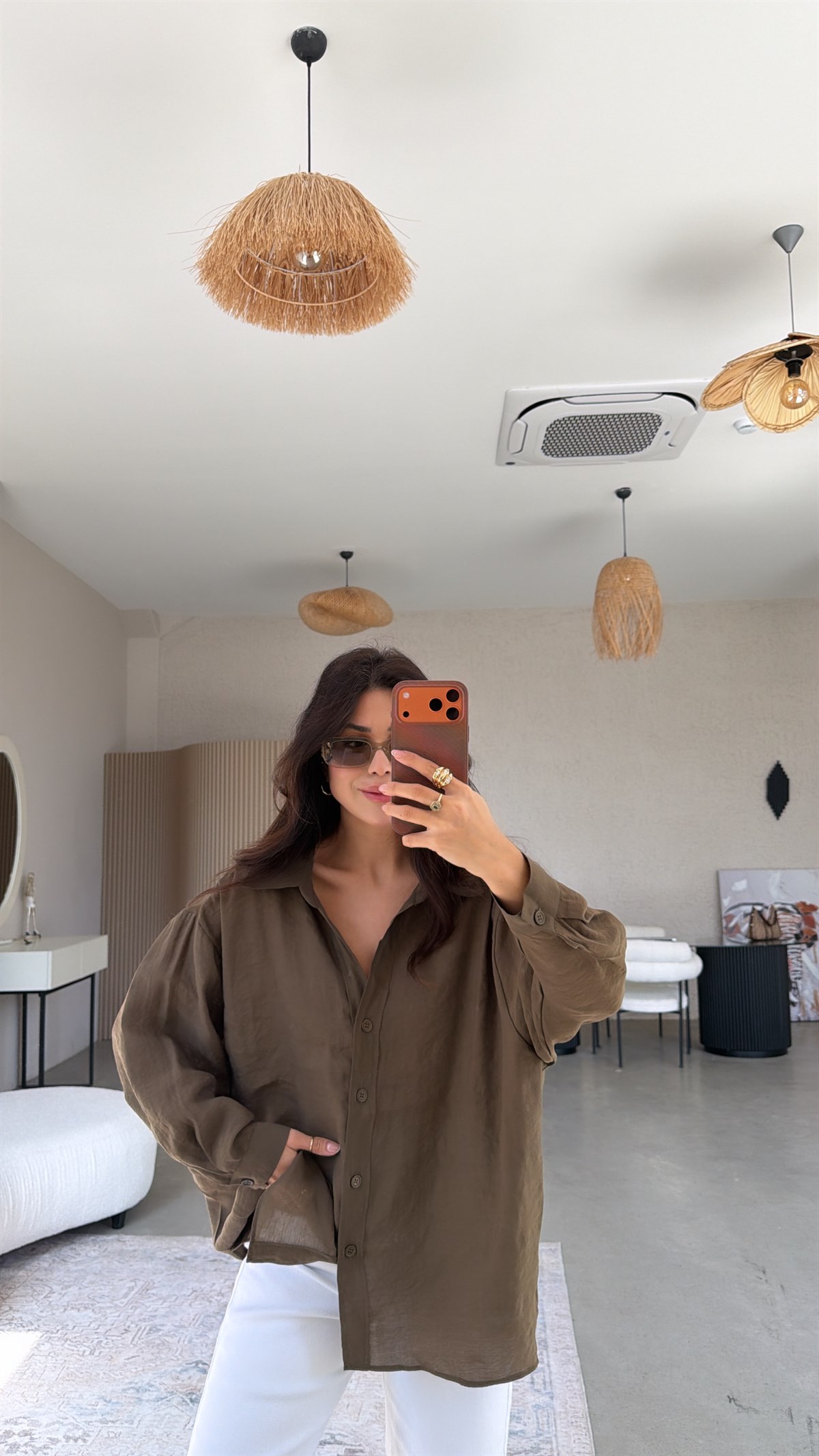 Haki İpek Dökümlü Gömlek