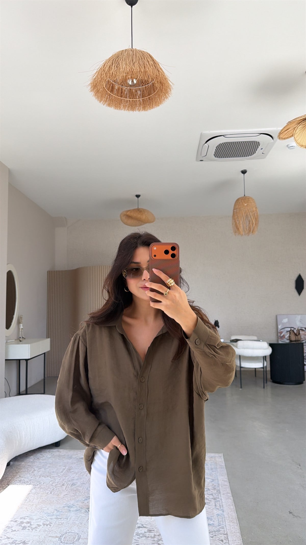 Haki İpek Dökümlü Gömlek