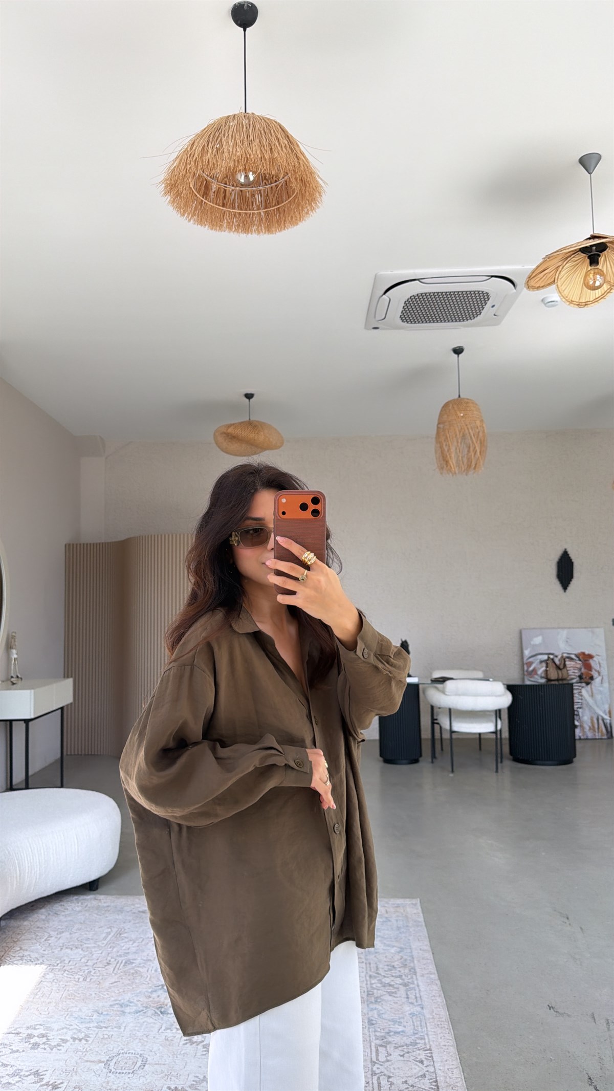 Haki İpek Dökümlü Gömlek