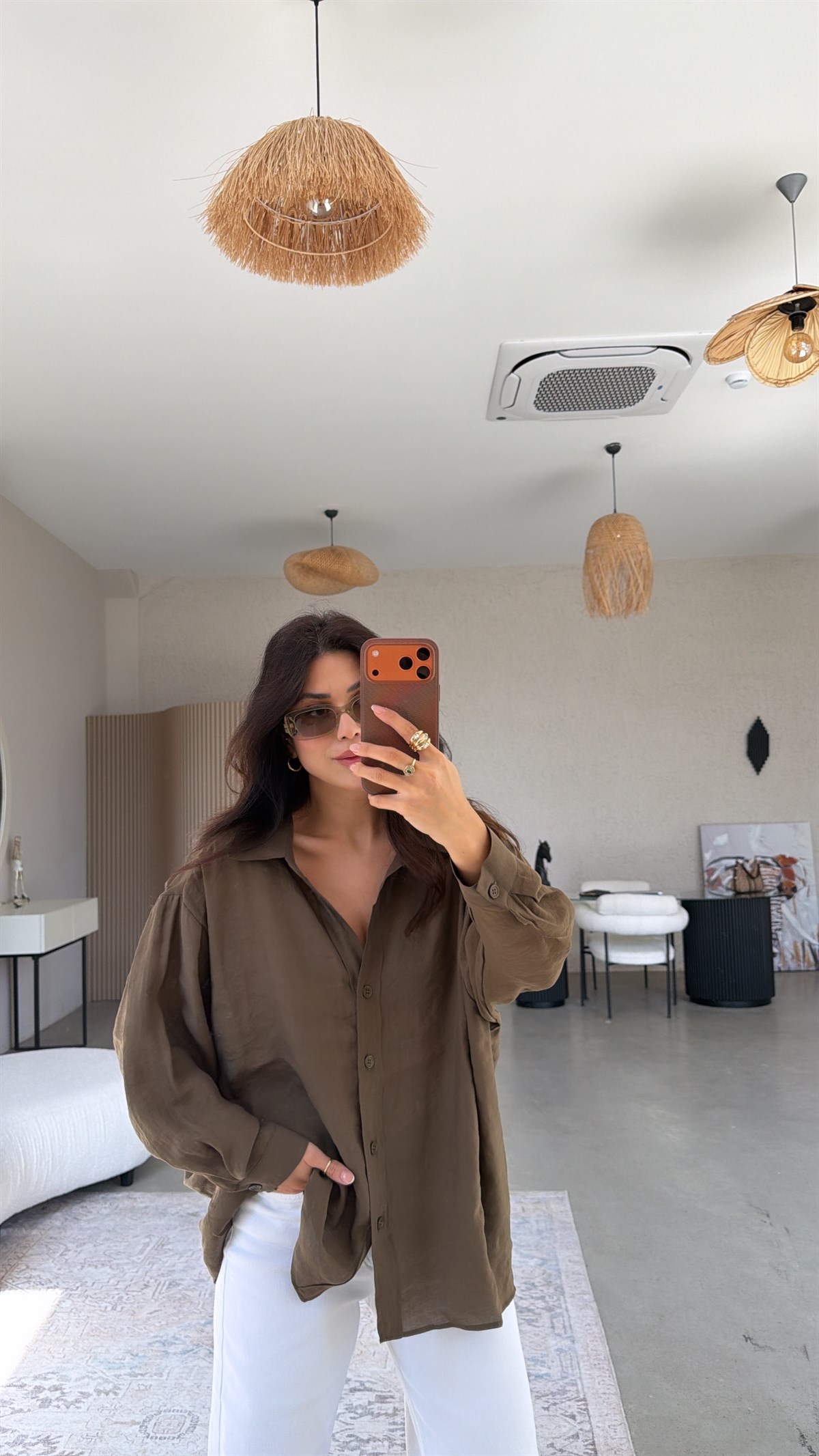 Haki İpek Dökümlü Gömlek