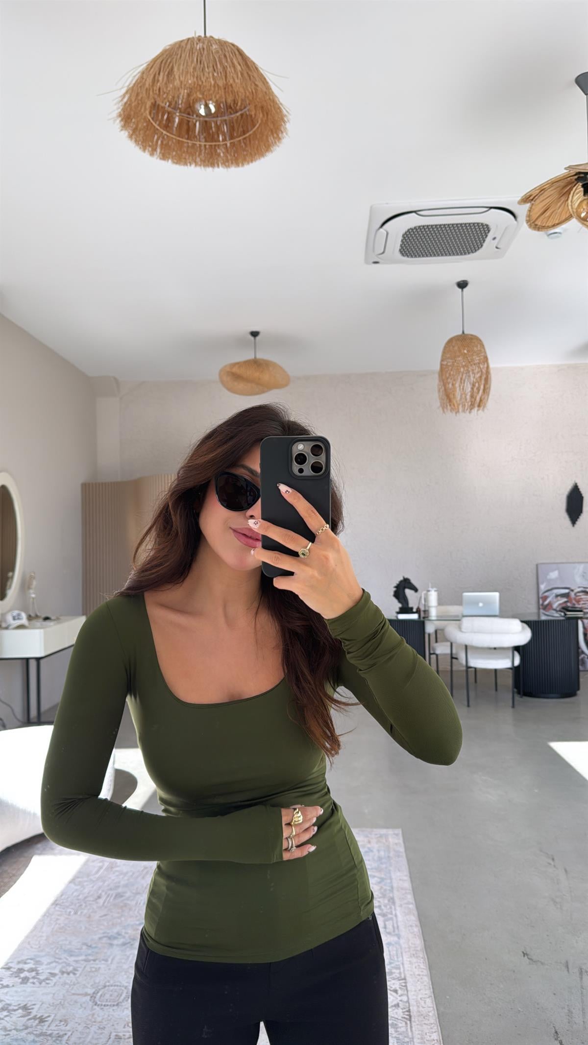 Haki Kare Yaka Poliamid Bluz