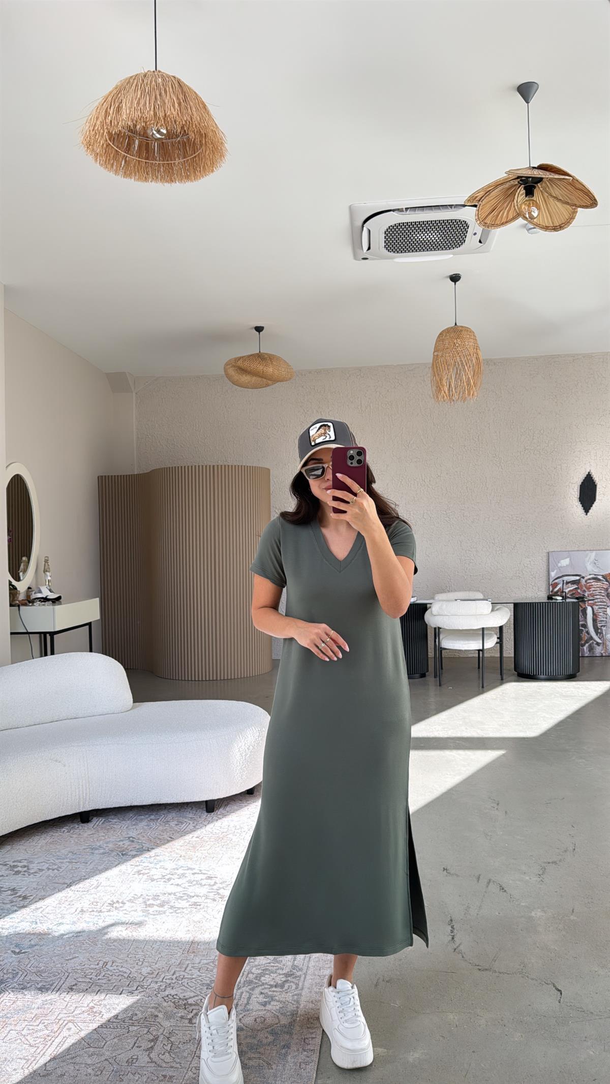 Haki Kısa Kol V Yaka Basic Elbise