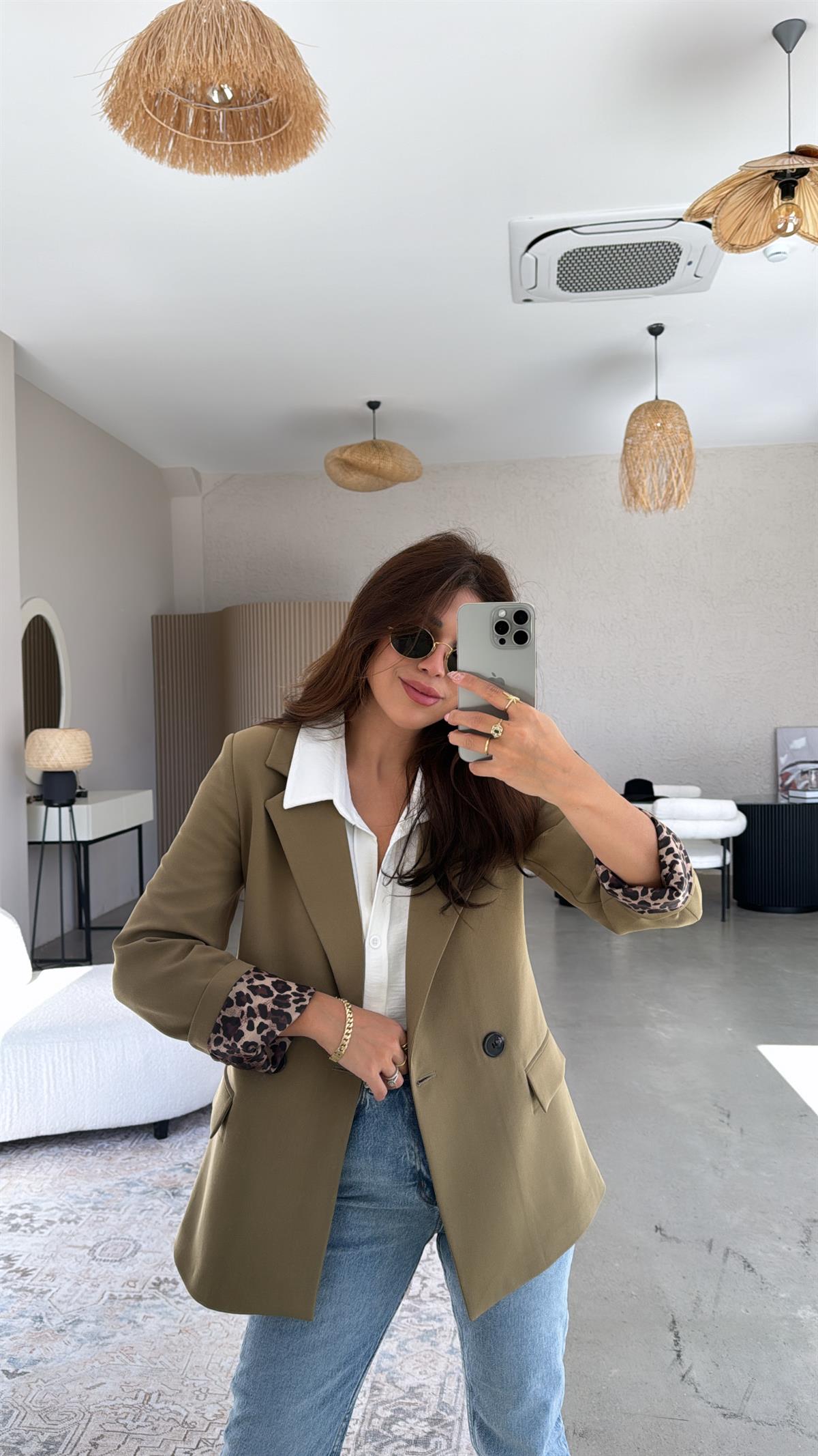 Haki Leopar Astarlı Ceket