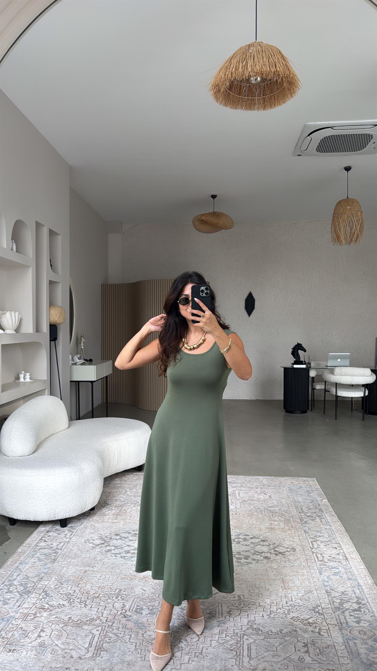 Haki Modal Elbise Bluz İkili Takım