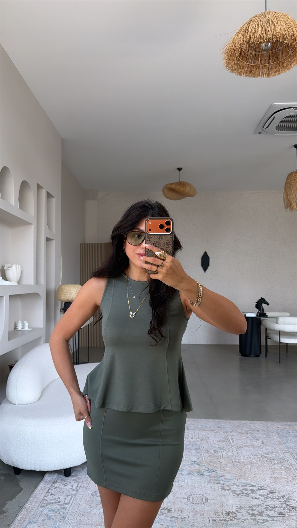 Haki Modal Volanlı Bluz Mini Etek Takım