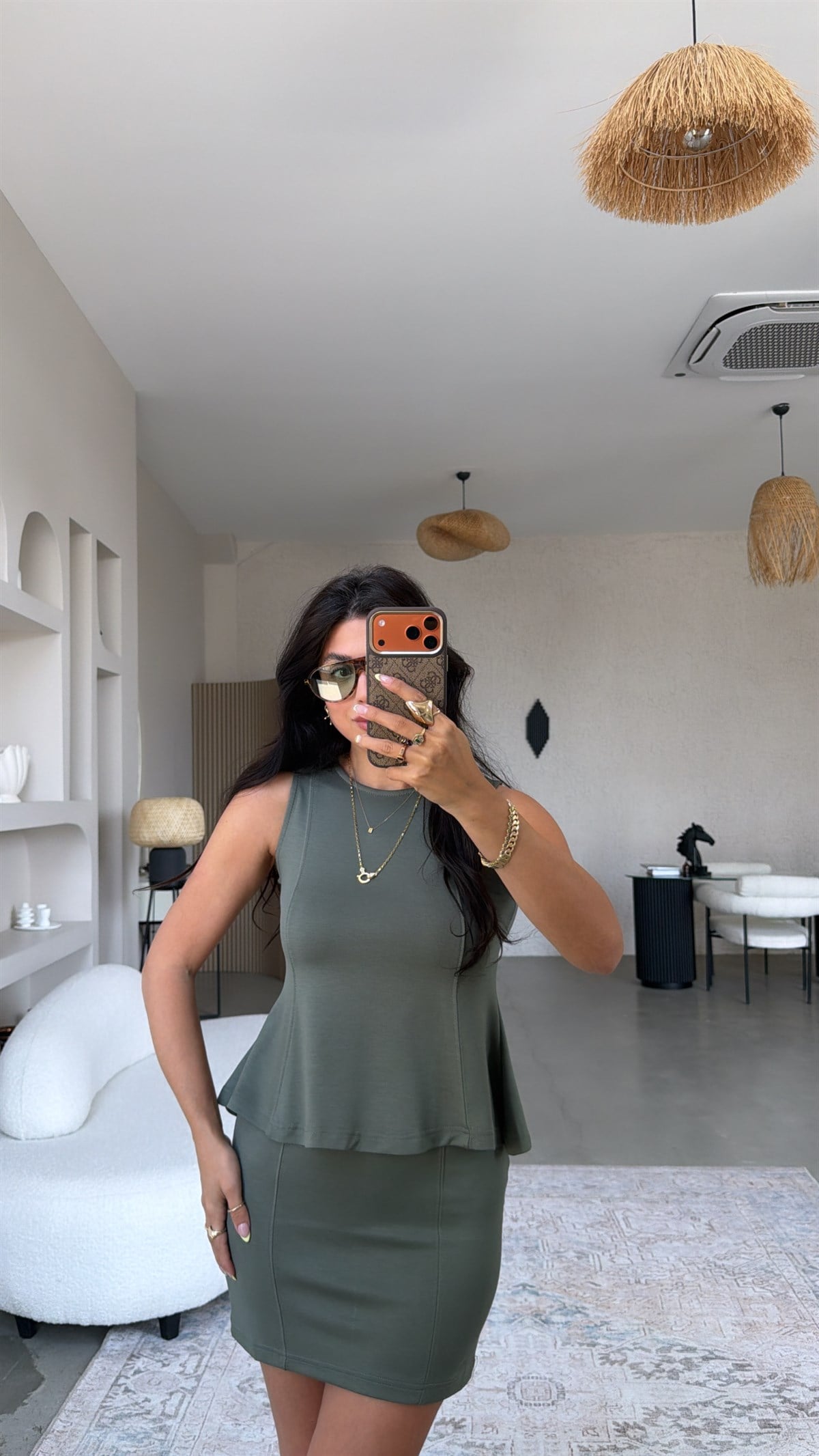 Haki Modal Volanlı Bluz Mini Etek Takım