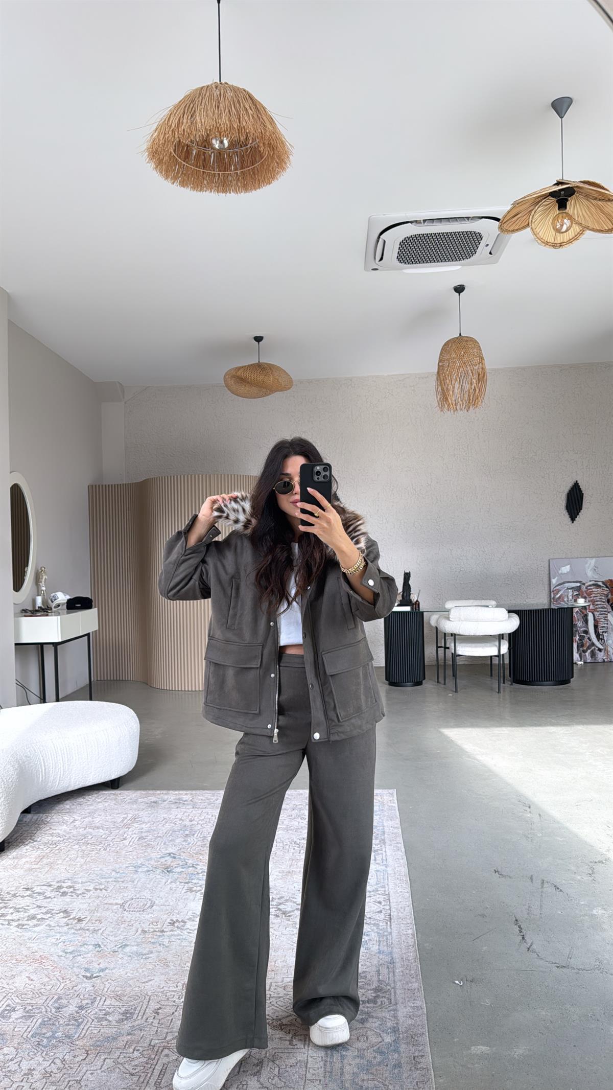 Haki Nubuk Leopar Kürklü Mont Pantolon Takım