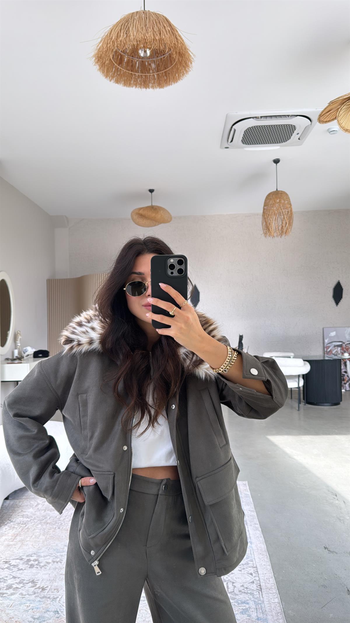 Haki Nubuk Leopar Kürklü Mont Pantolon Takım