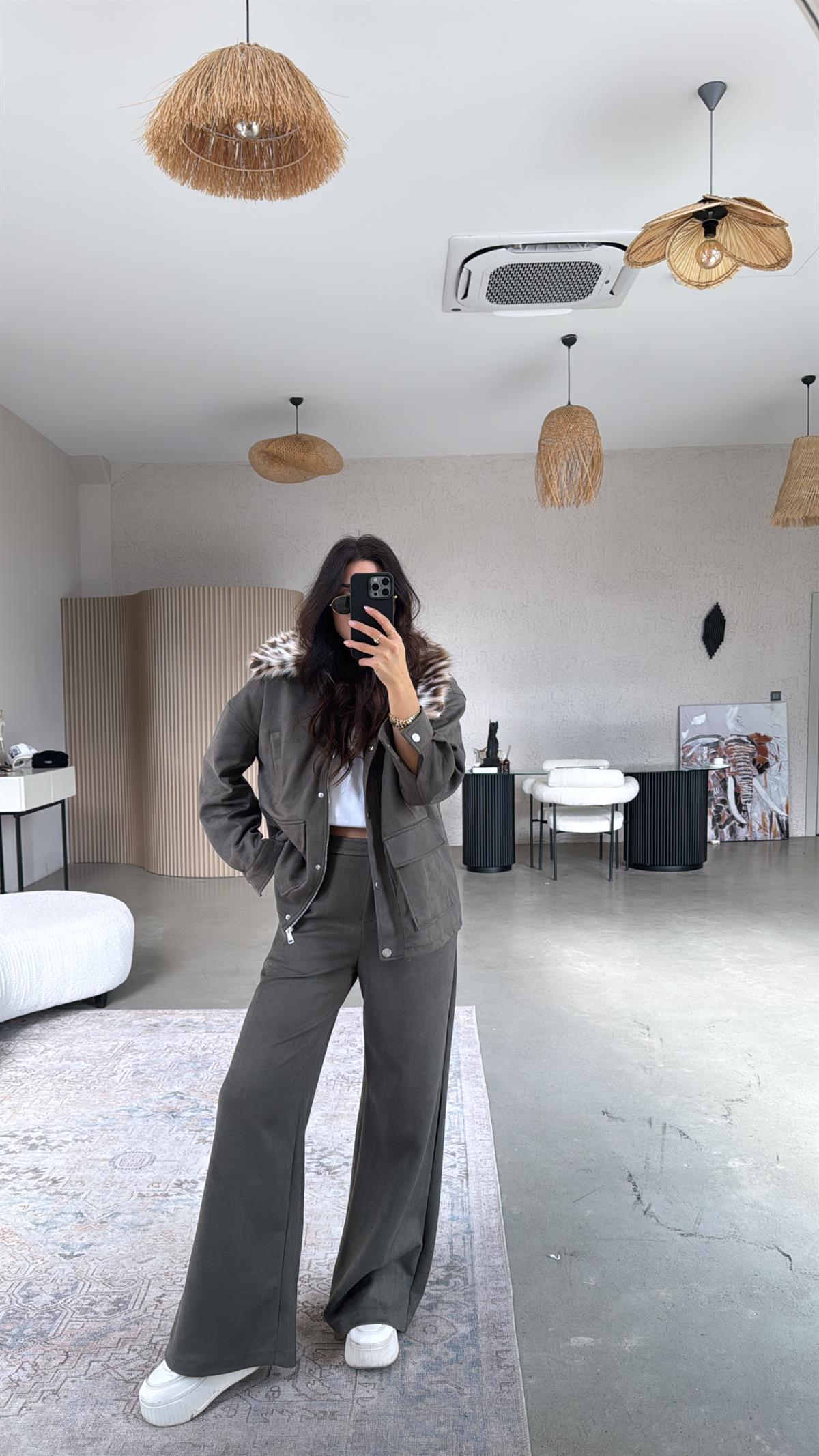 Haki Nubuk Leopar Kürklü Mont Pantolon Takım