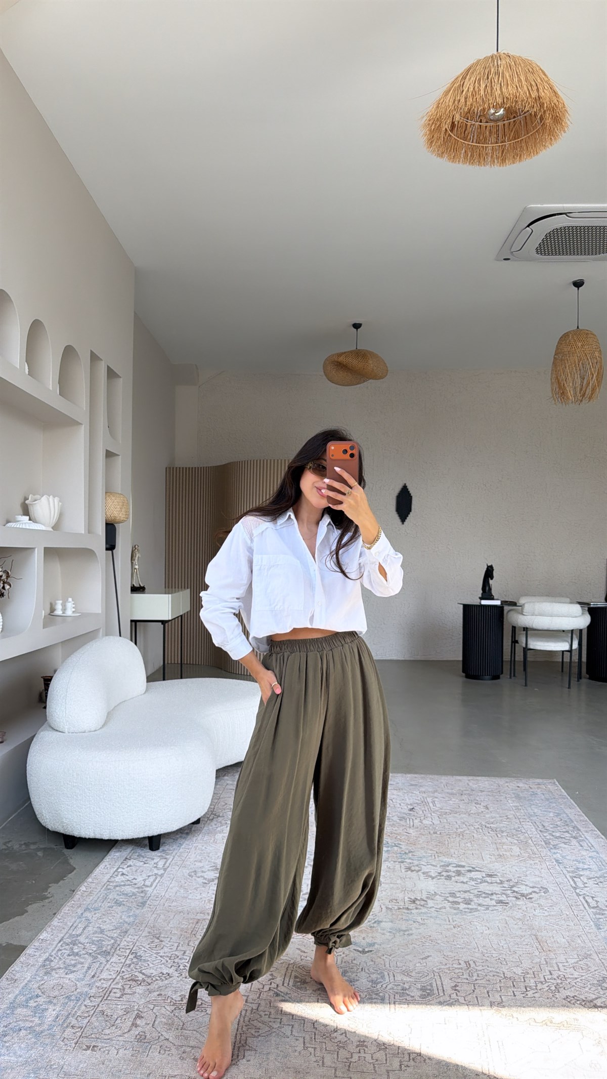 Haki Paçası Bağlama Detaylı Tensel Şalvar