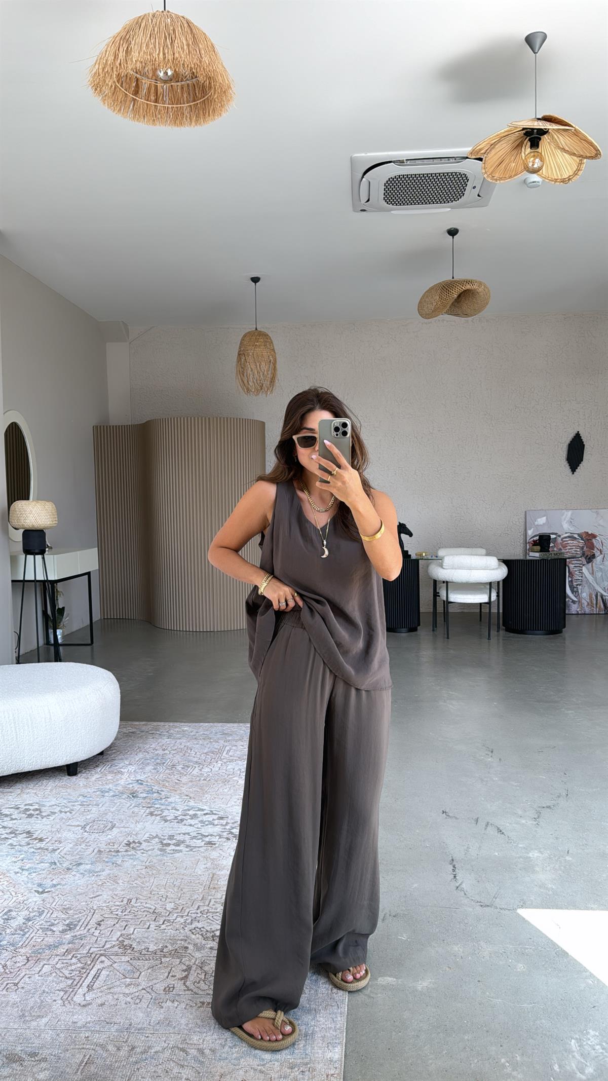 Haki Pantolon Bluz Dökümlü Takım