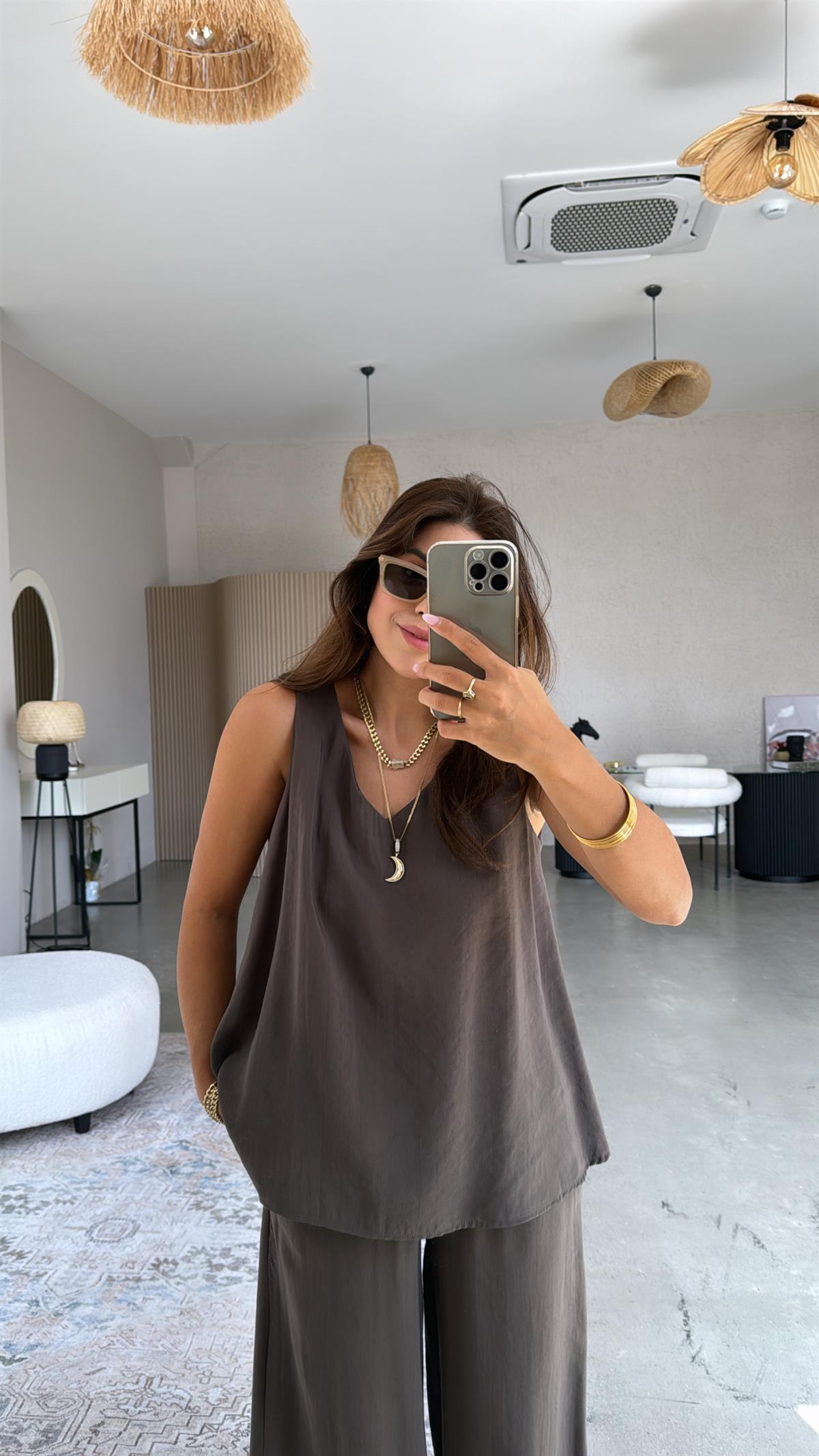 Haki Pantolon Bluz Dökümlü Takım