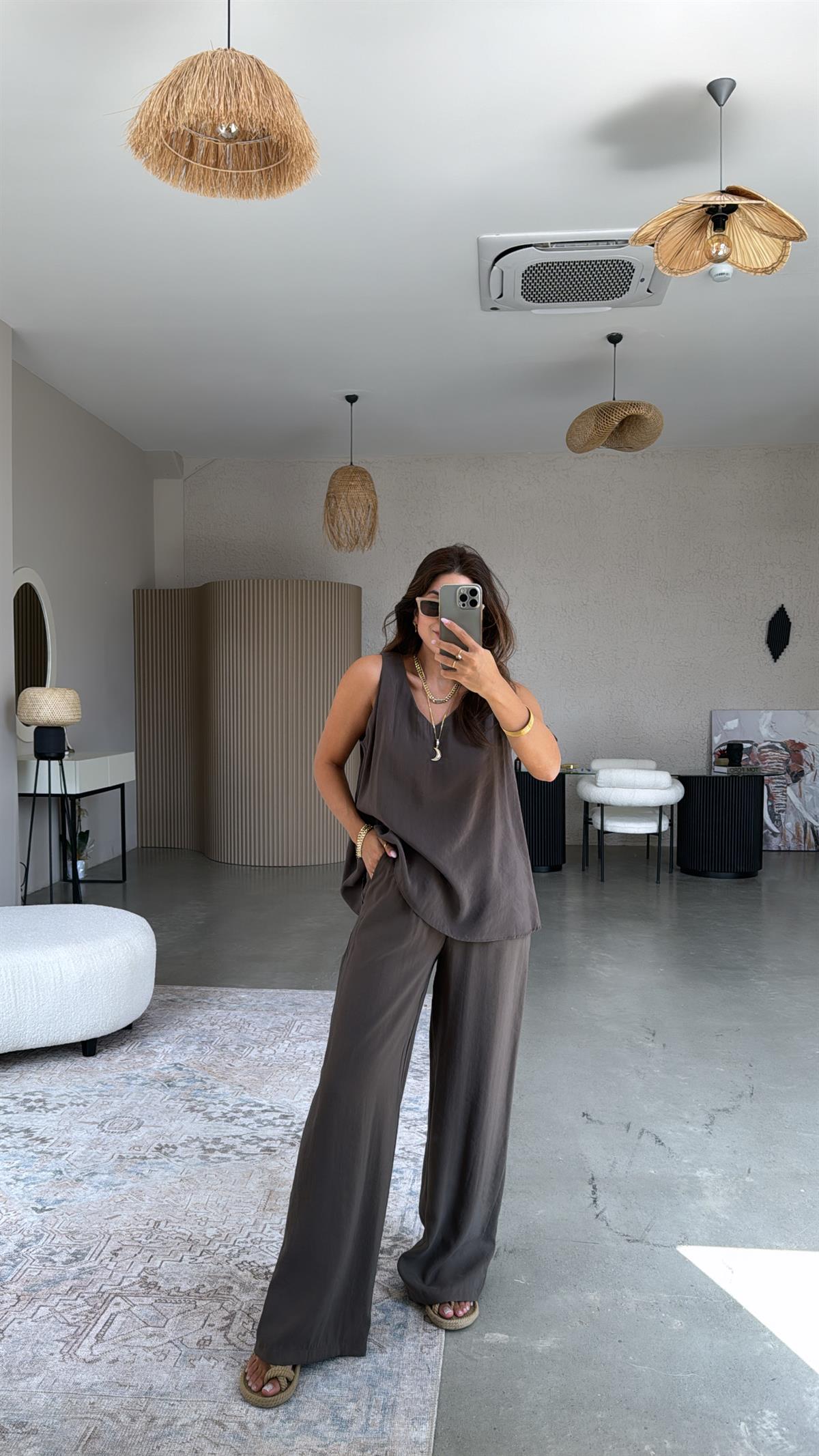 Haki Pantolon Bluz Dökümlü Takım