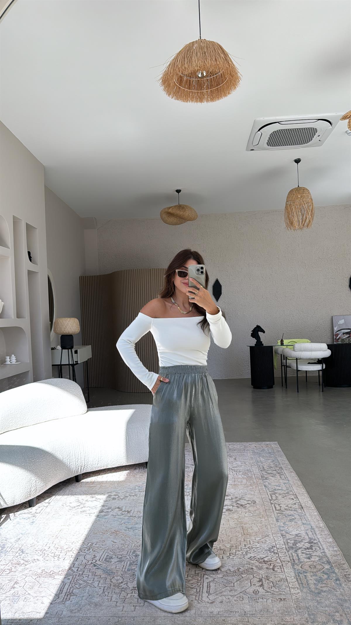 Haki Parlak Bol Paça Pantolon