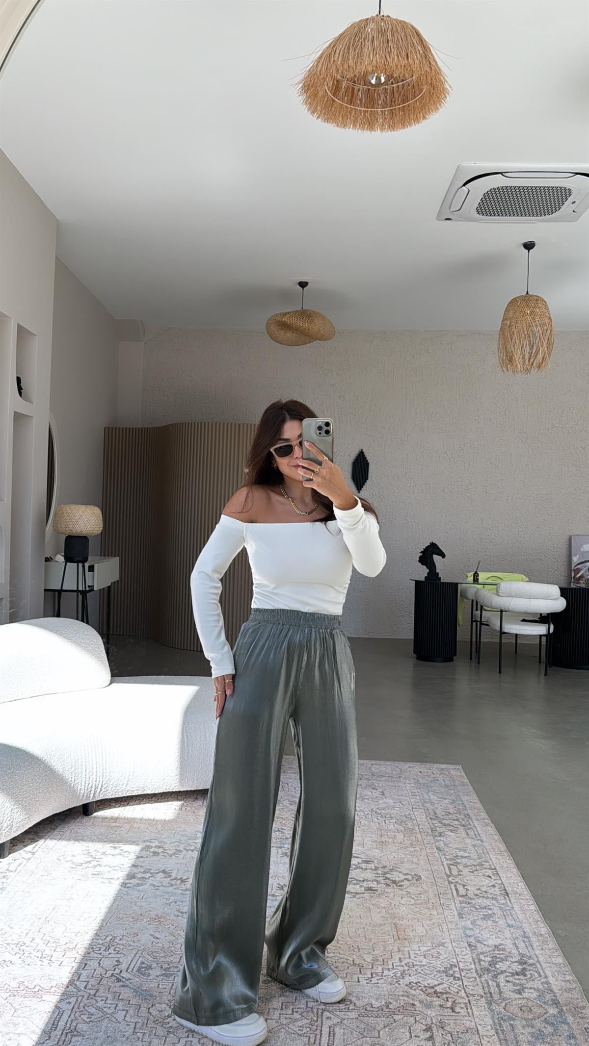 Haki Parlak Bol Paça Pantolon