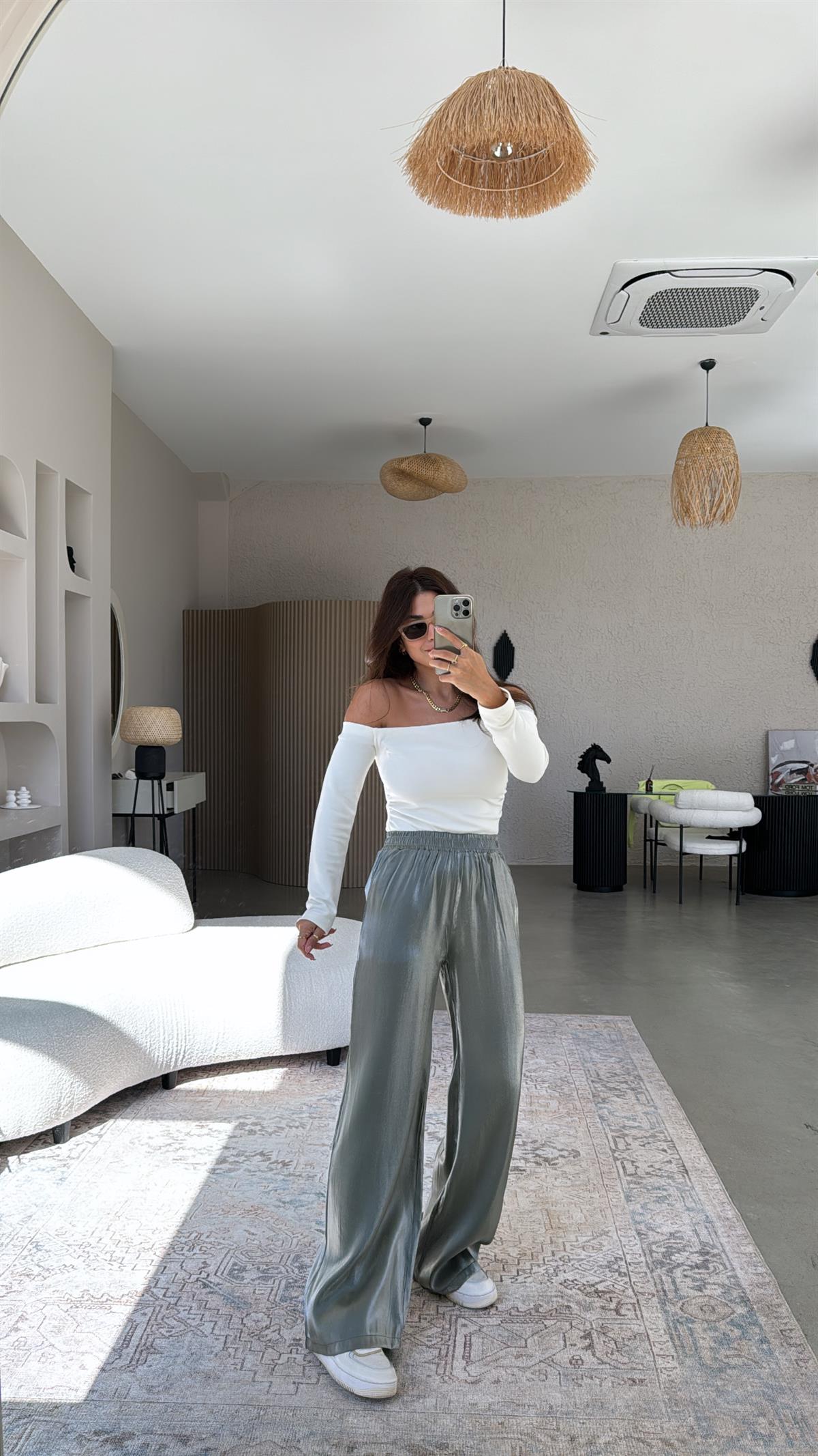 Haki Parlak Bol Paça Pantolon