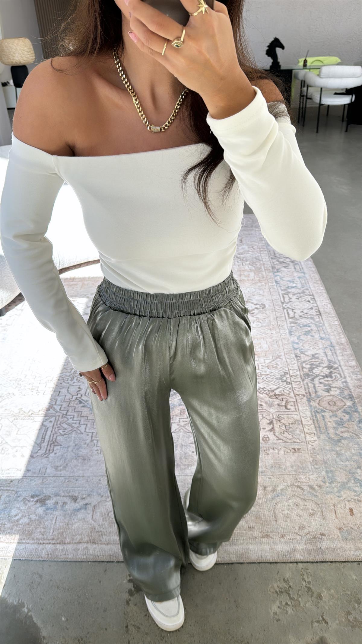 Haki Parlak Bol Paça Pantolon