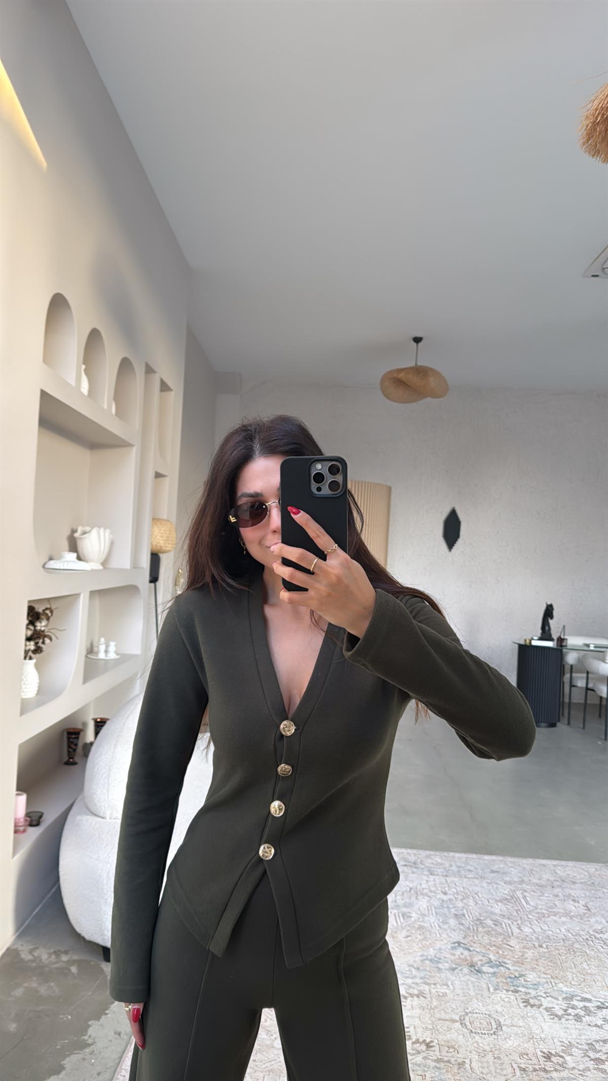 Haki Selanik Triko ZR model Hırka Pantolon Takım